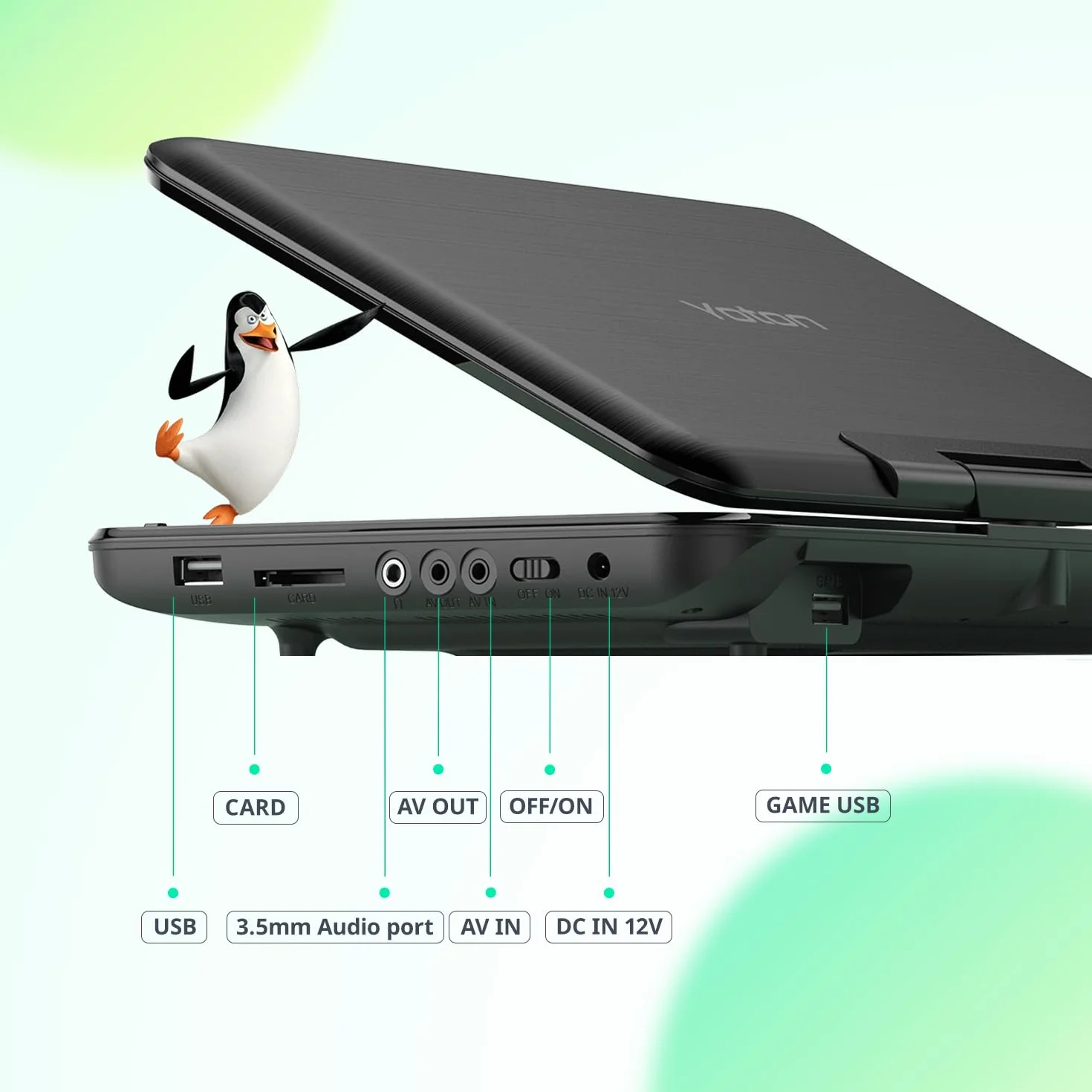 YOTON Lettore DVD Portatile 12,5" Schermo Girevole HD 10,5" per Auto Bambini Batteria 6 Ore USB SD TV Nero