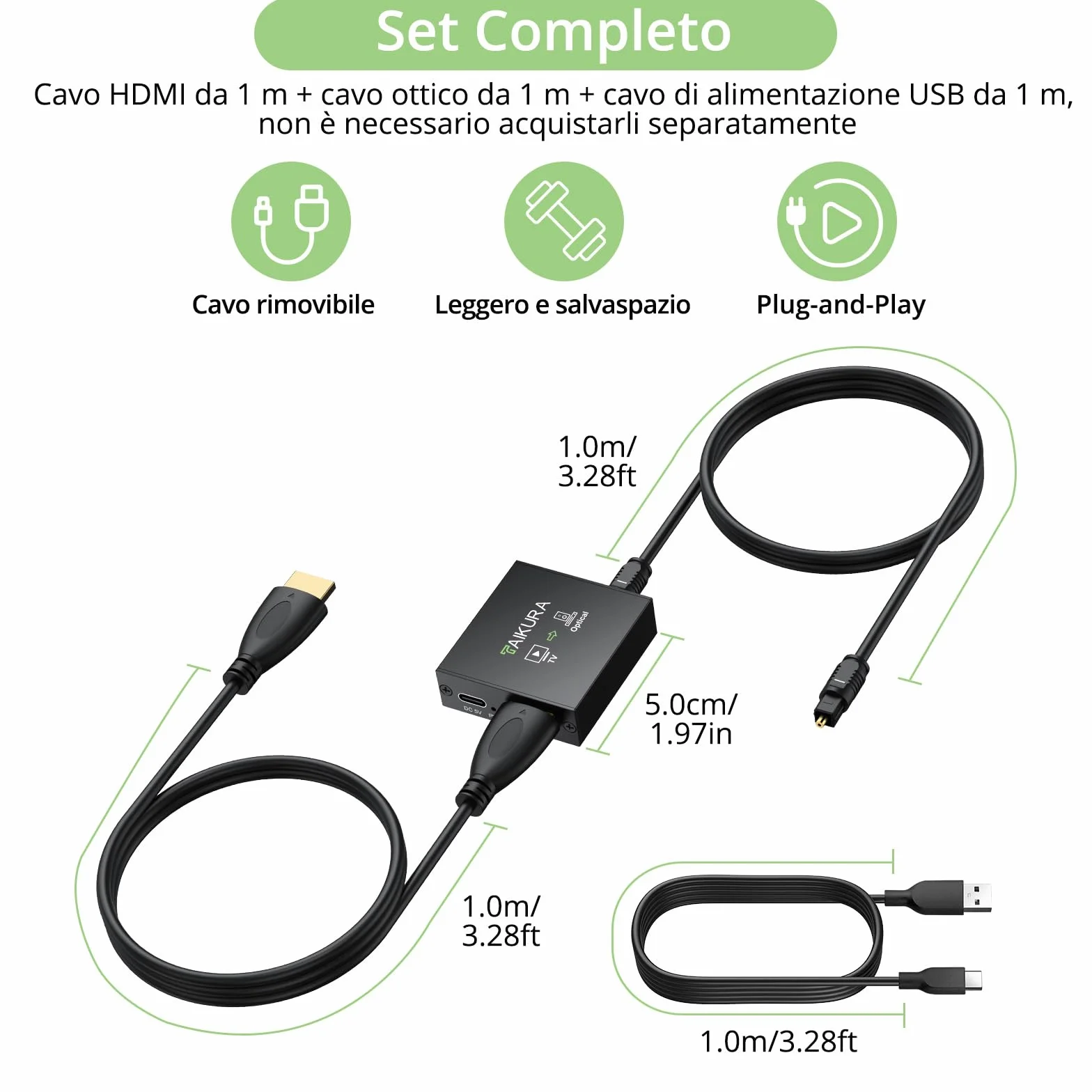 Convertitore Audio eARC/ARC a Ottica 24bit/192kHz PCM 2.0 Dolby DTS 5.1 HDMI Audio Extractor con Cavi per TV Soundbar
