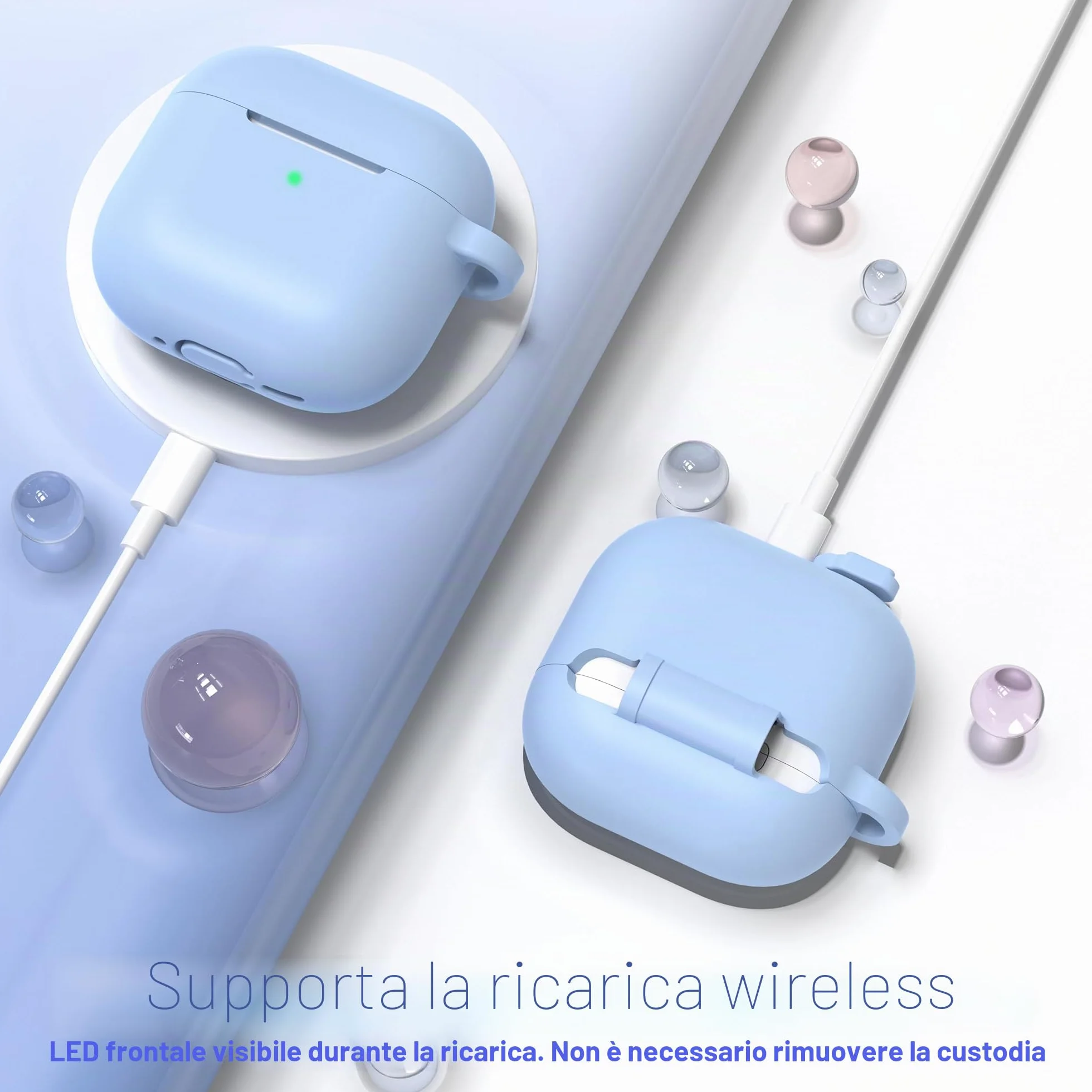Custodia AirPods 4 2024 Silicone Morbido Grado Militare con Portachiavi Azzurro Cielo