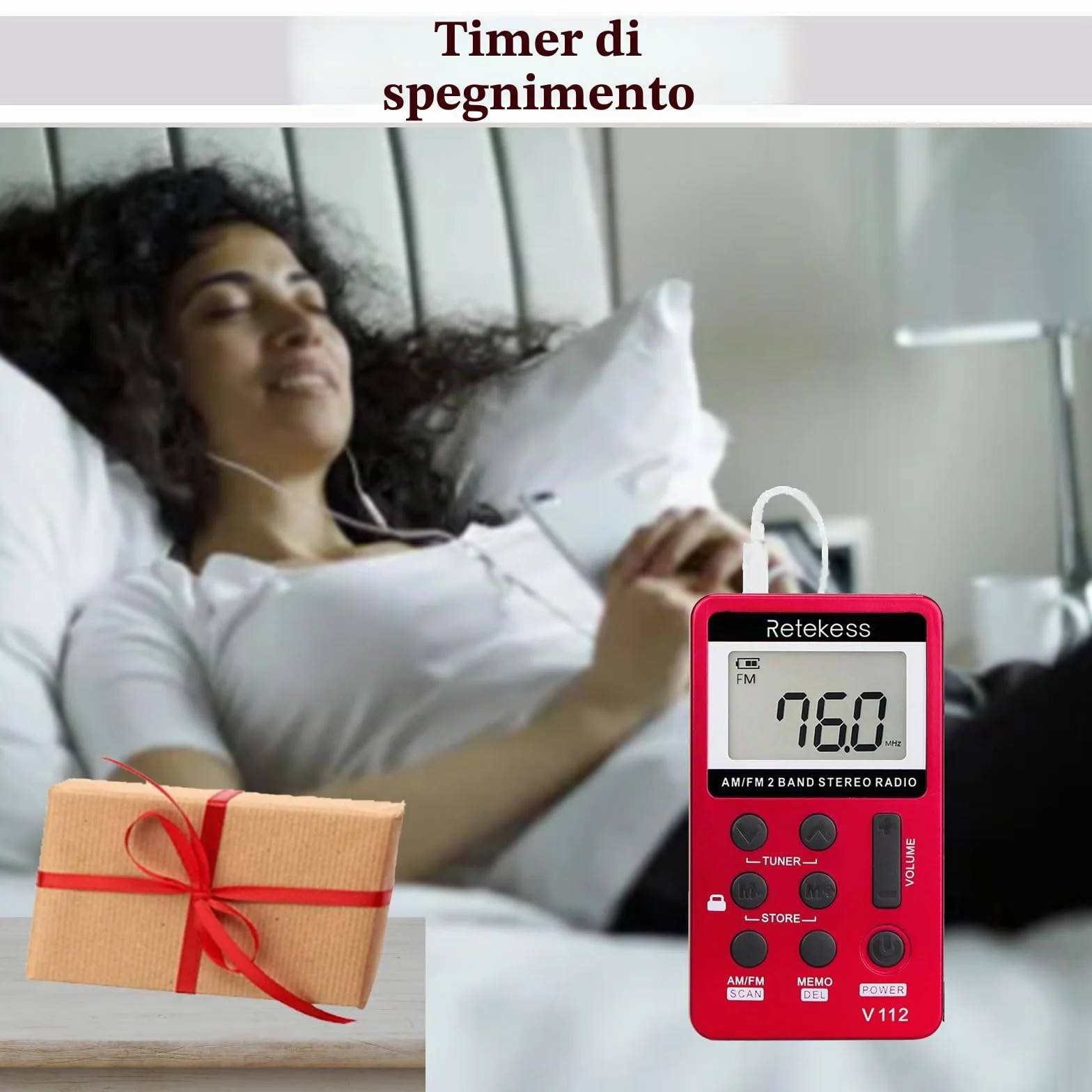 Retekess V112 Mini Radio Portatile AM FM Ricaricabile con Cuffie a Batteria Rosso