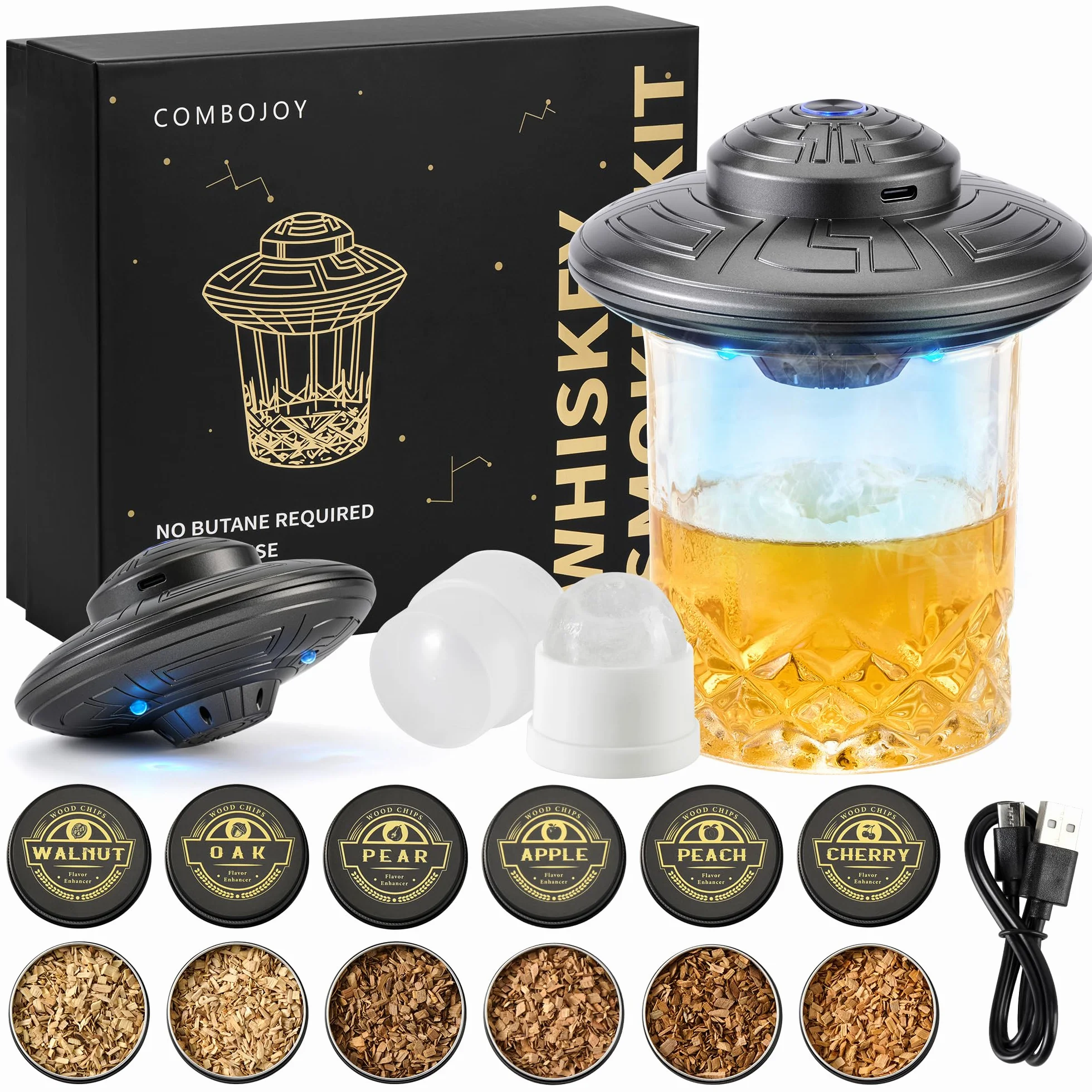 ComboJoy Kit per affumicatore elettrico per whisky, accendino integrato, 6 gusti di trucioli di legno, stampi per bicchieri e sfere di ghiaccio, kit ricaricabile per cocktail, kit per affumicatore di