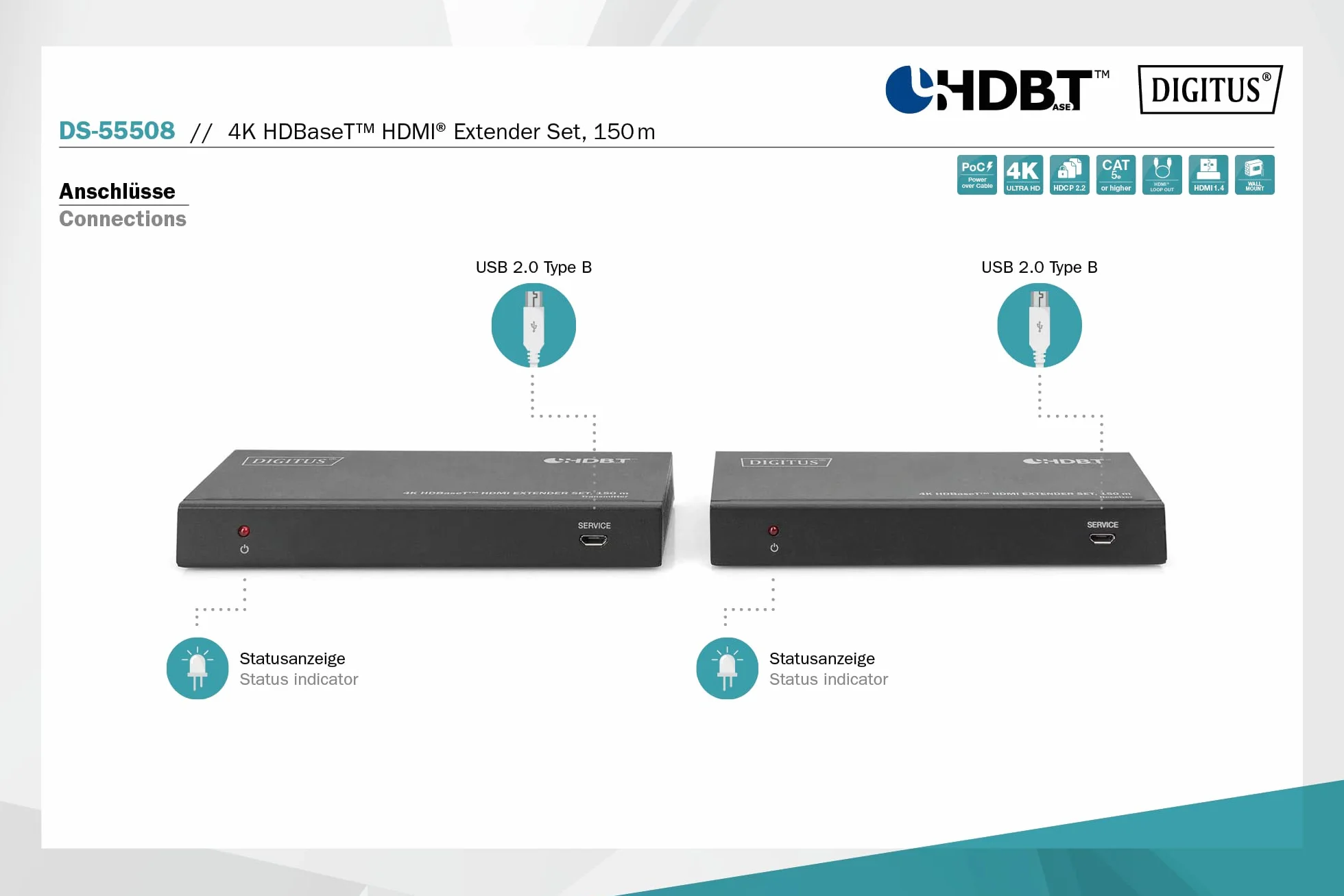 DIGITUS DS-55508 Estensore HDMI HDBaseT UHD 4K/60 Hz 120 m LAN Set Trasmettitore Ricevitore IR RS232 HDCP 2.2