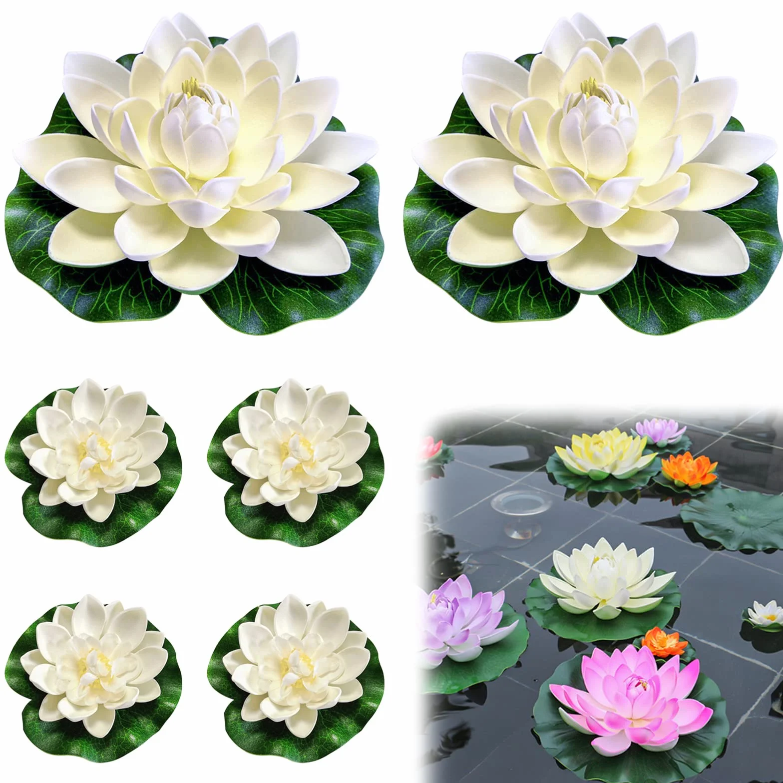 6 Pezzi Fior di Loto Artificiale Ninfee Galleggianti Impermeabile, Loto di simulazione Fiori galleggianti per Acquario Terrazza Giardino Piscina Laghetto(Bianco)