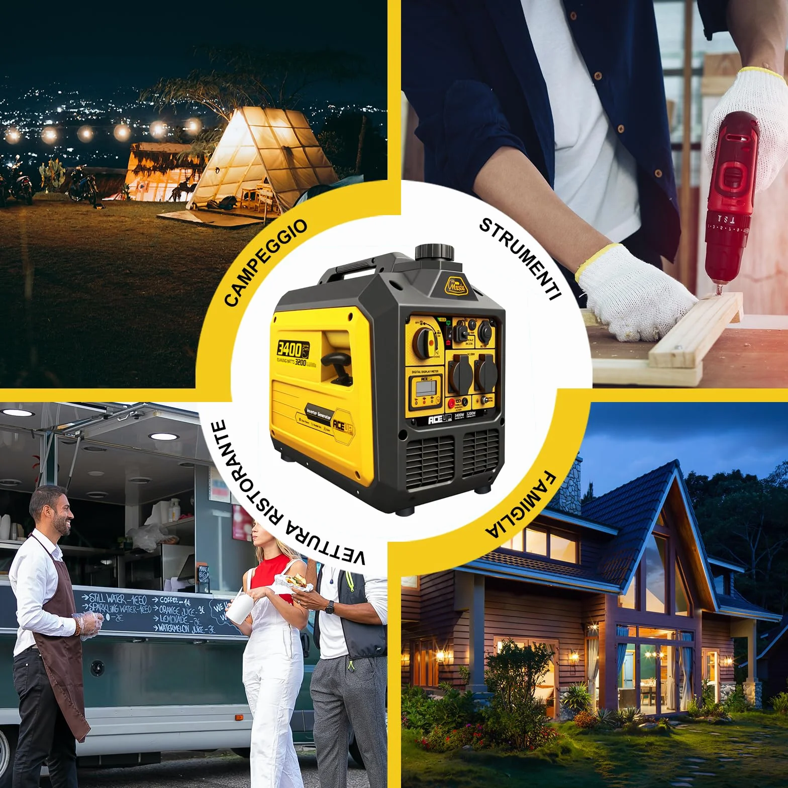 Aceup Energy 3400W Generatore Inverter Generatore di Corrente Benzina con Display Digitale Prese Multiuso Modalità Eco, per il Campeggio L'esterno, L'uso domestico Portatile e Silenzioso