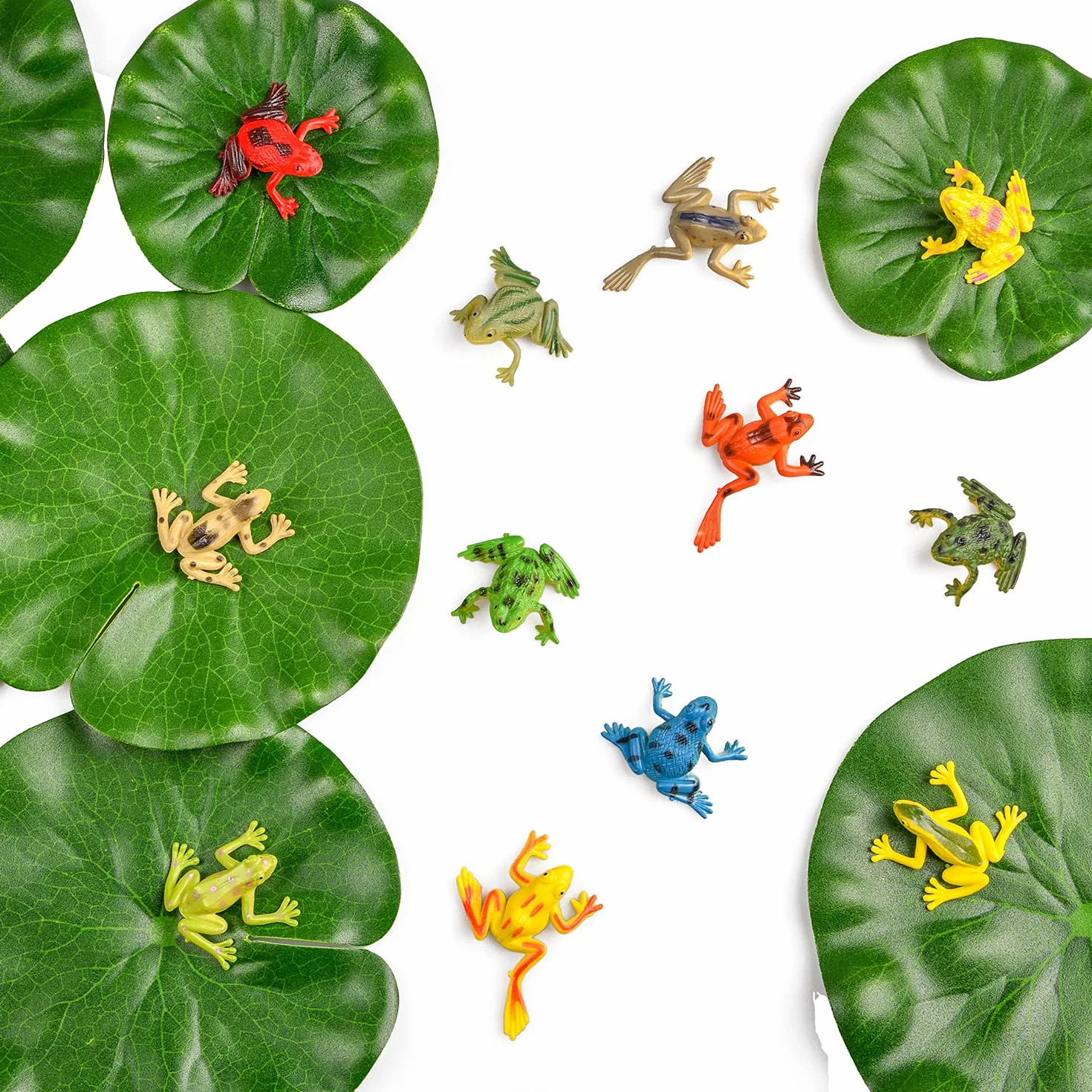 Set di 20 rane in plastica da 12 pezzi di rana in plastica, modello colorato, 8 foglie di loto artificiali, foglie di loto galleggianti, per stagno, piscina, artigianato, decorazione