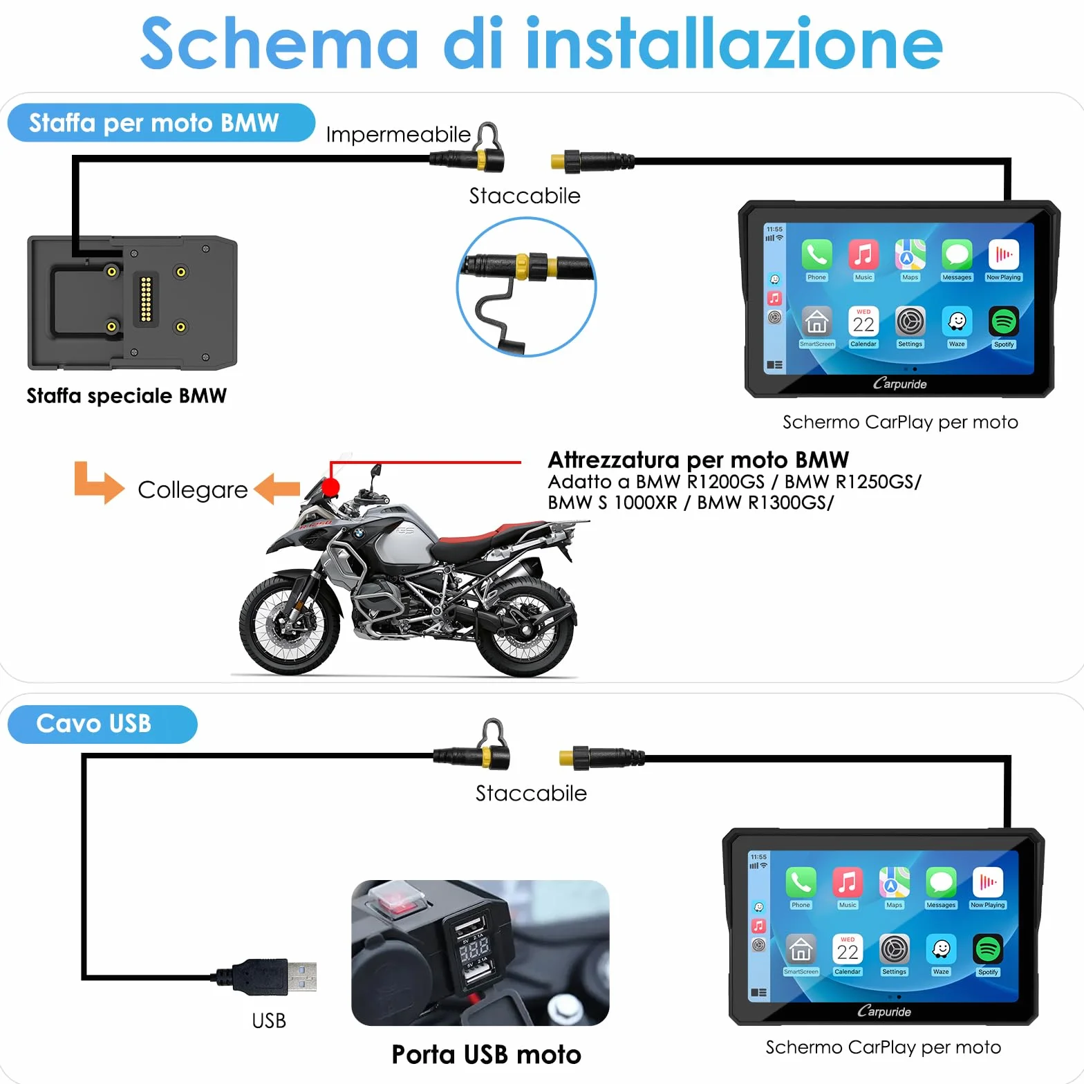 Carpuride W702B Schermo Carplay Moto 7" Impermeabile Touchscreen Wireless CarPlay Android Auto Dual Bluetooth per BMW