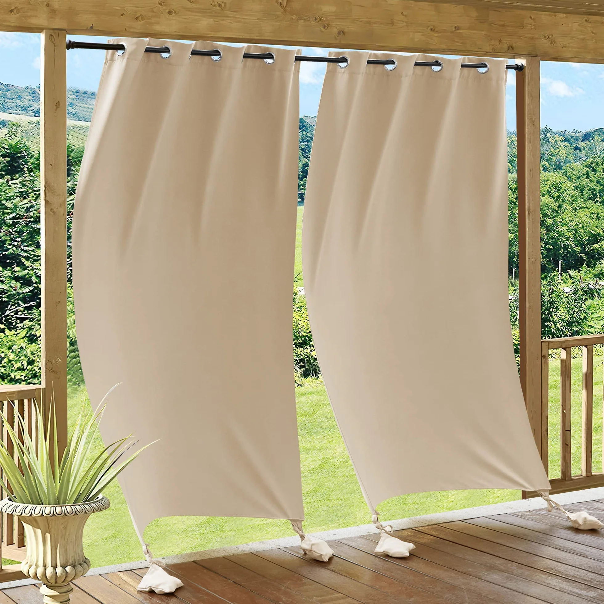 PONY DANCE Tenda da Sole per Esterno Impermeabile Tende Antiventi con Sacchi Pesati per Gazebo con Anelli Anti-UV Blackout Curtains per Balconi 2 Pezzi L132 x A213 CM, Beige