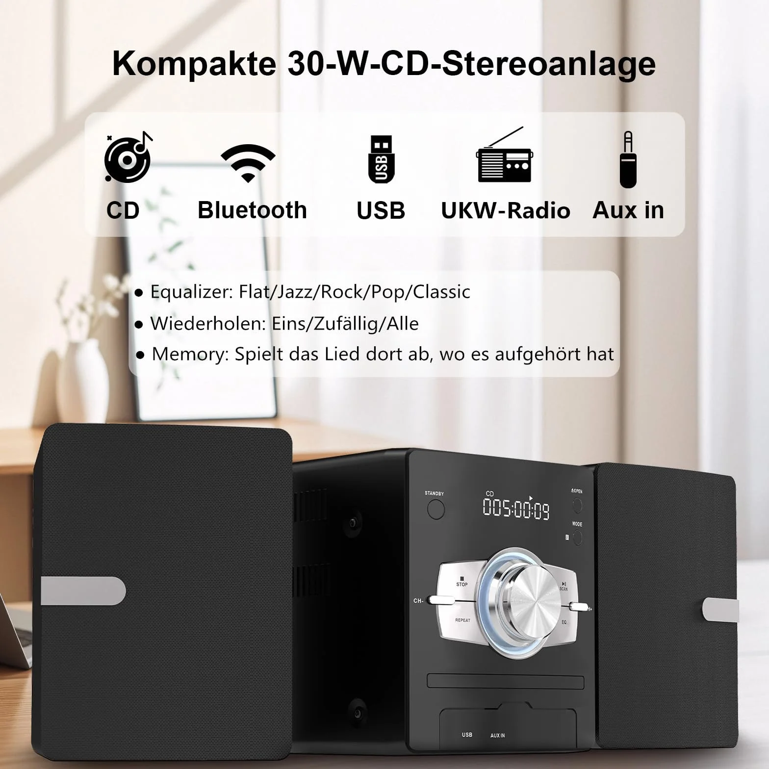 Mini Component Stereo CD 30W RMS Lettore CD FM Bluetooth USB AUX Telecomando