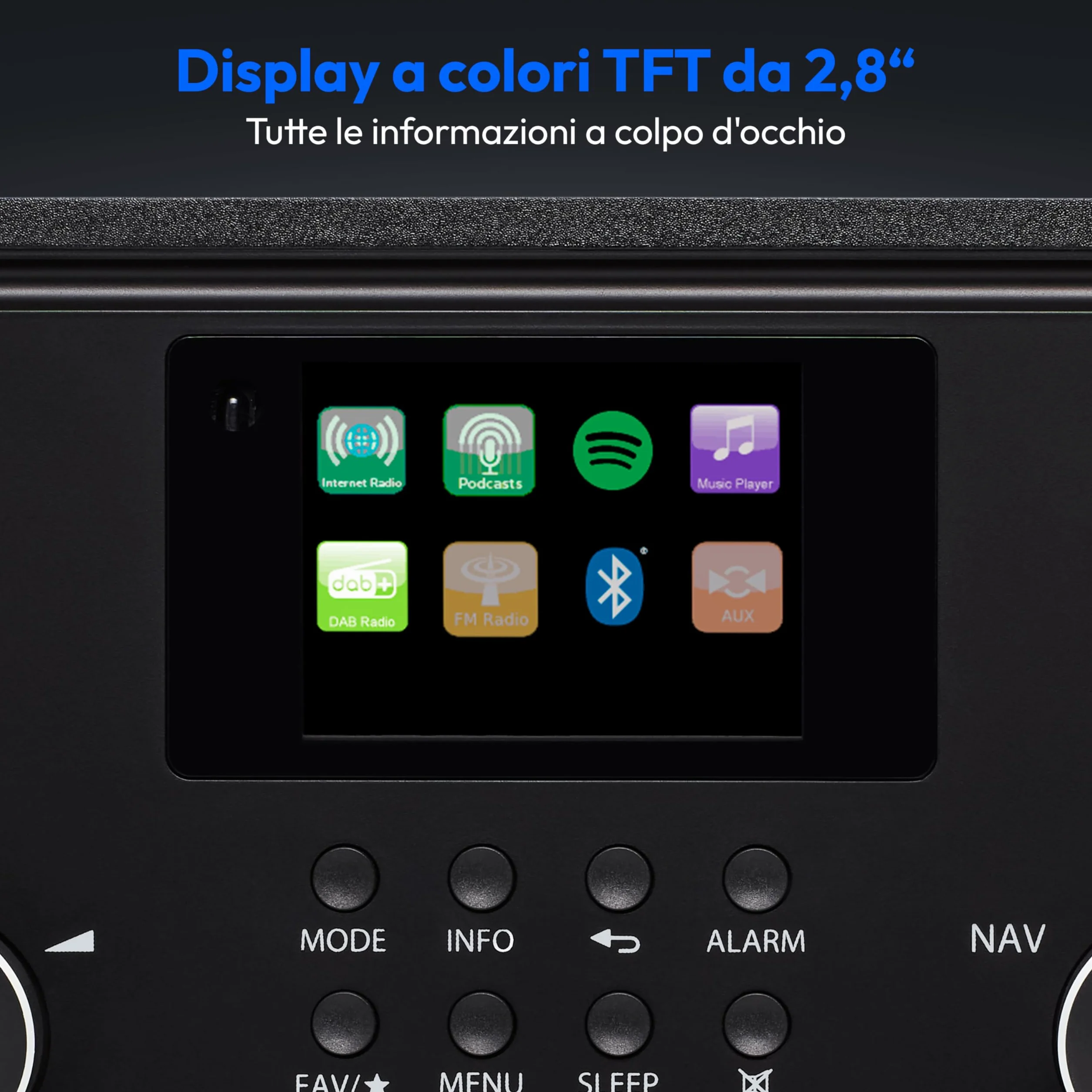 MEDION P85027 Internet radio DAB Plus FM Spotify Connect WLAN Bluetooth streaming equalizzatore display a colori USB AUX sveglia snooze sleep timer nero