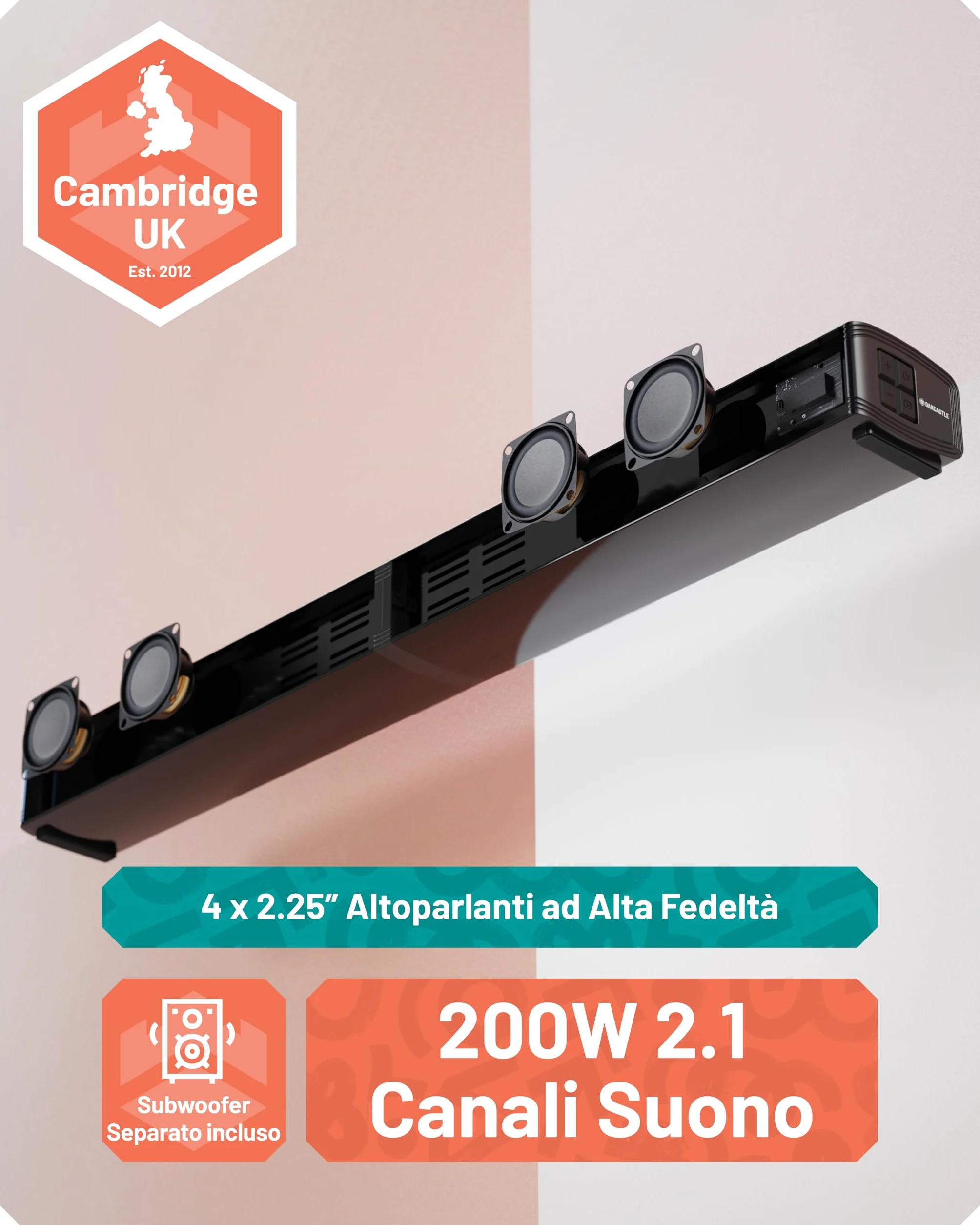 Oakcastle Home Theater Soundbar 2.1 Canali 200W Bluetooth 5.3 HDMI ARC SB80 Xtra