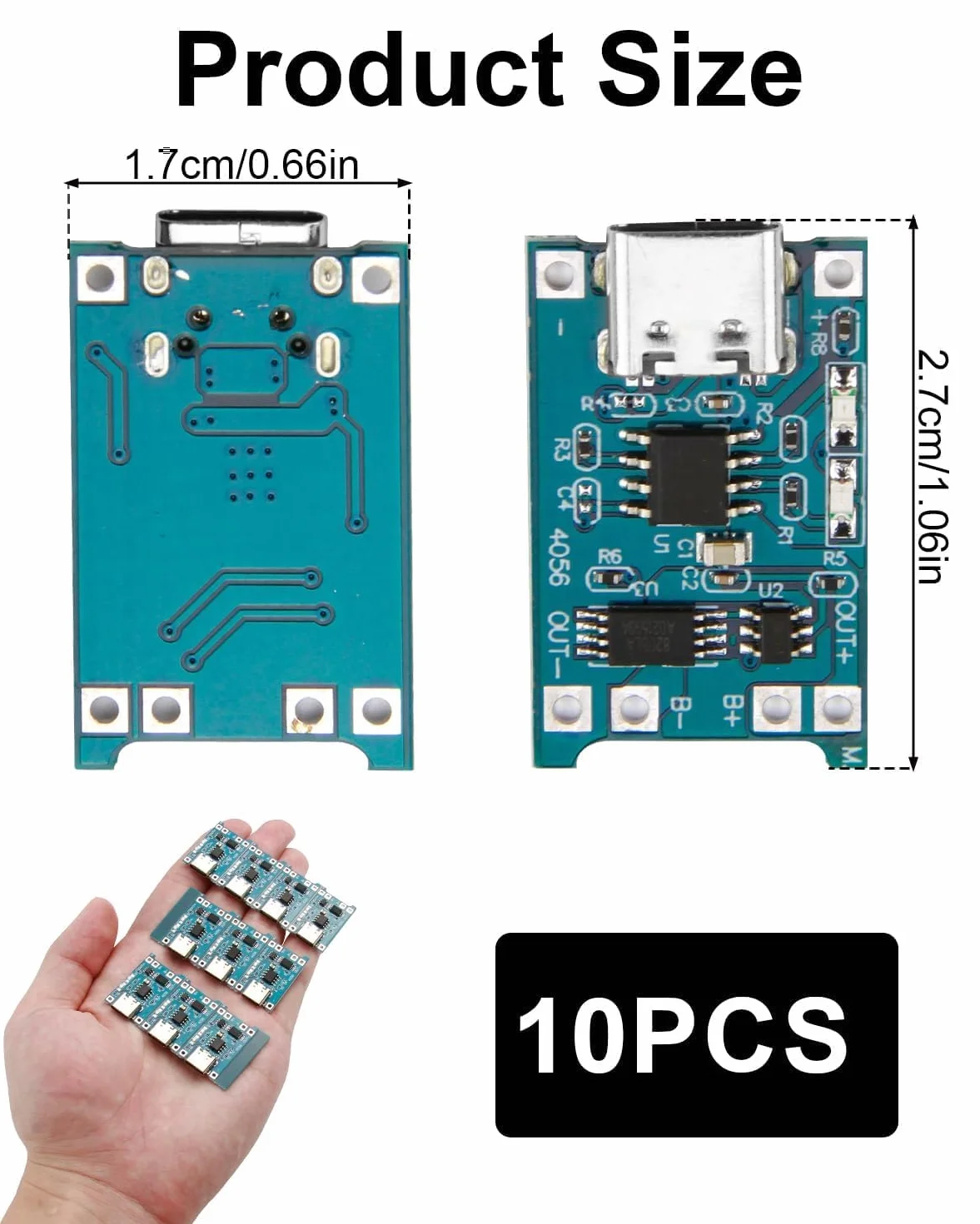 TC4056 Charger Modulo USB-C 5V 1A Caricabatterie Module Protezione Doppia per Batterie Li-ion 18650