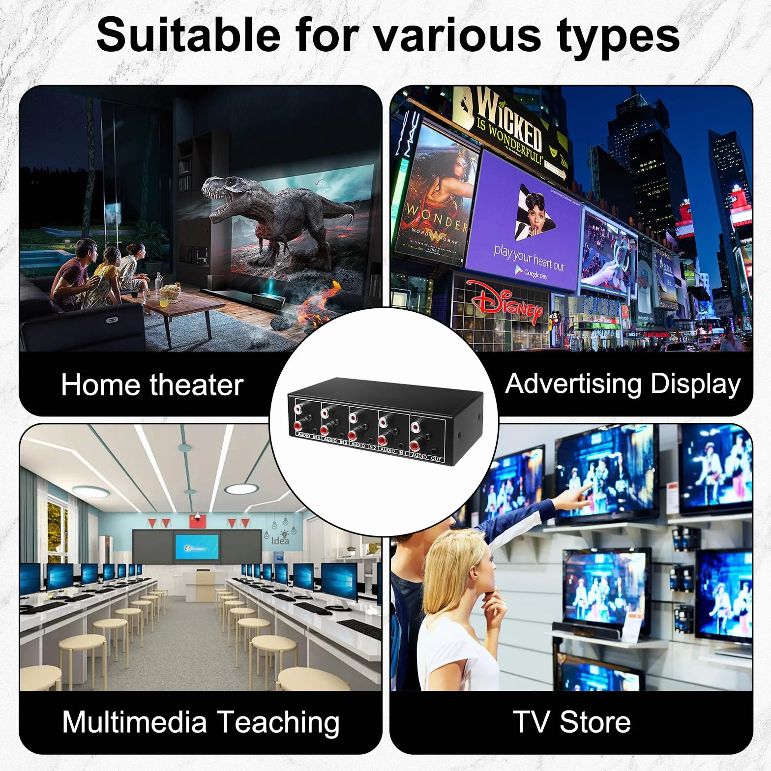 Aux Audio Switcher 4 in 1 Out Audio Video Splitter Stereo Audio Selector 3,5 Mm Aux + RCA L/R