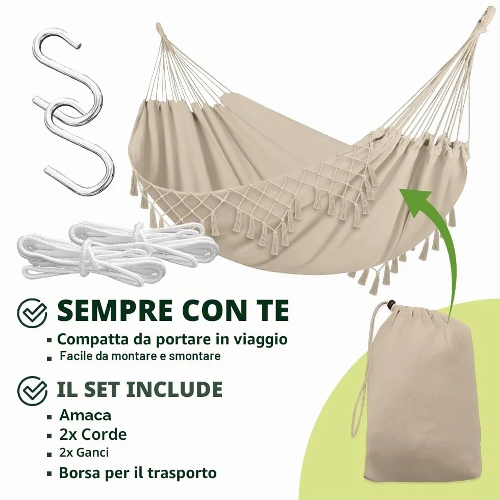 Amaca da esterno in stile bohémien 190 x 150 cm beige 120 kg cotone poliestere con frange sacchetto trasporto
