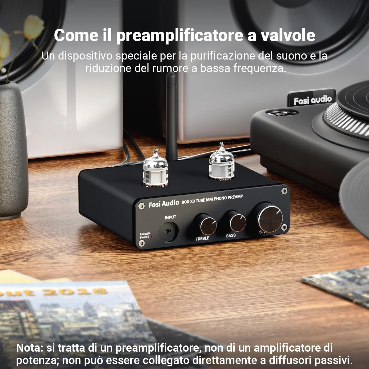 Fosi Audio BOX X3 Tube Phono Preamplificatore Giradischi Bluetooth 5.0 Mini Stereo Hi-Fi