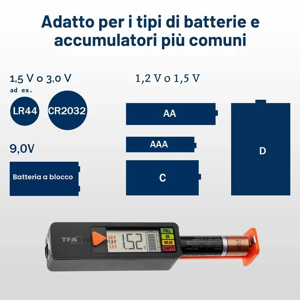 TFA Dostmann BatteryCheck Tester per batterie AAA AA C D pila a bottone indicatore carica voltaggio nero