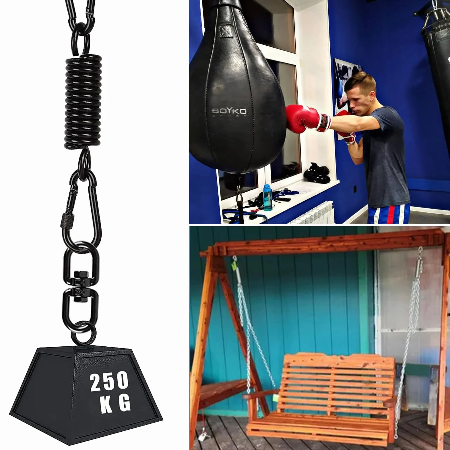 Molla oscillante per poltrona sospesa, con 2 moschettoni e gancio girevole a 360°, moschettone, portata fino a 250 kg, molla di sospensione per sacco da boxe, hammock, yoga