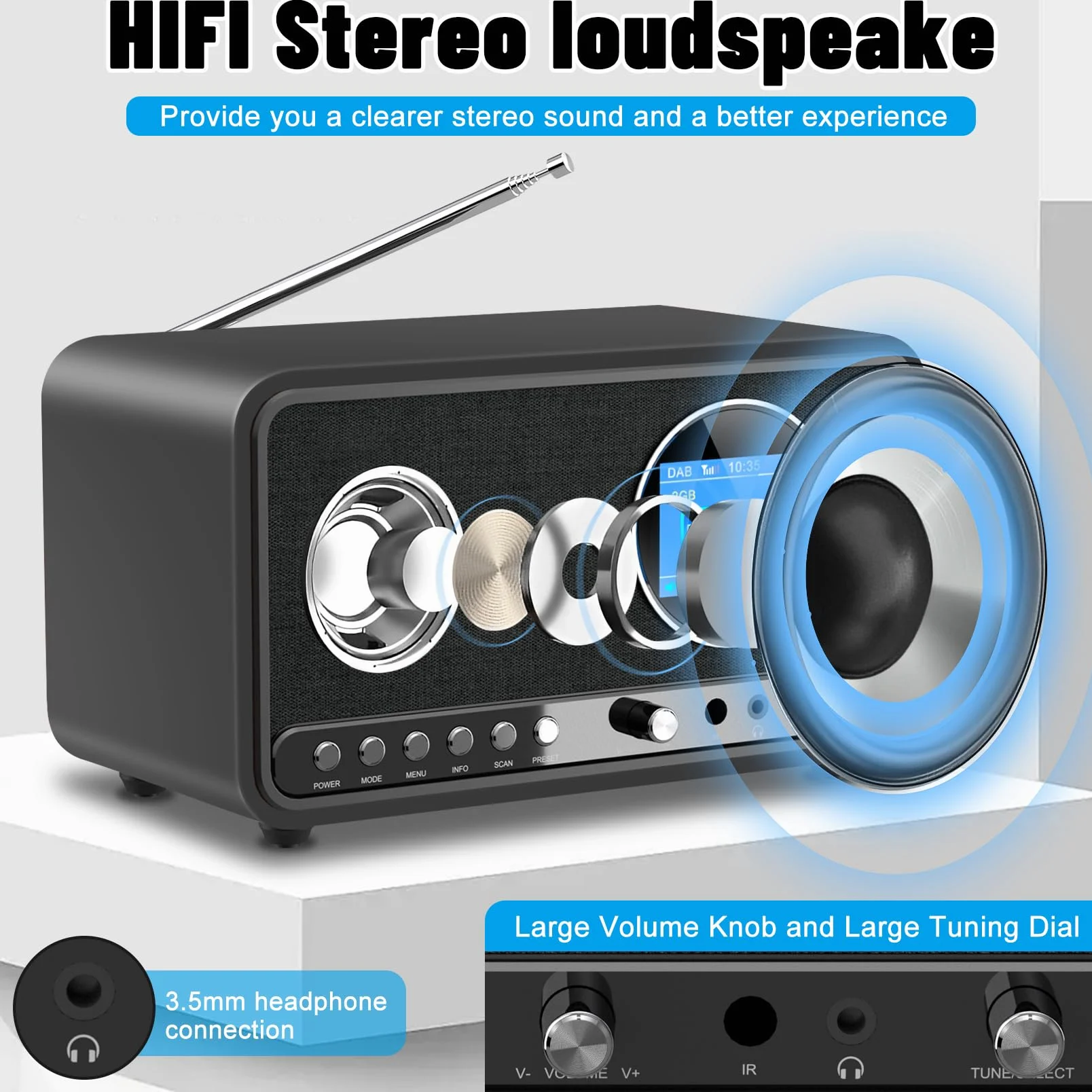 Radio DAB Plus FM Bluetooth Digitale da Cucina con Telecomando e Sveglia Snooze USB Aux Nero