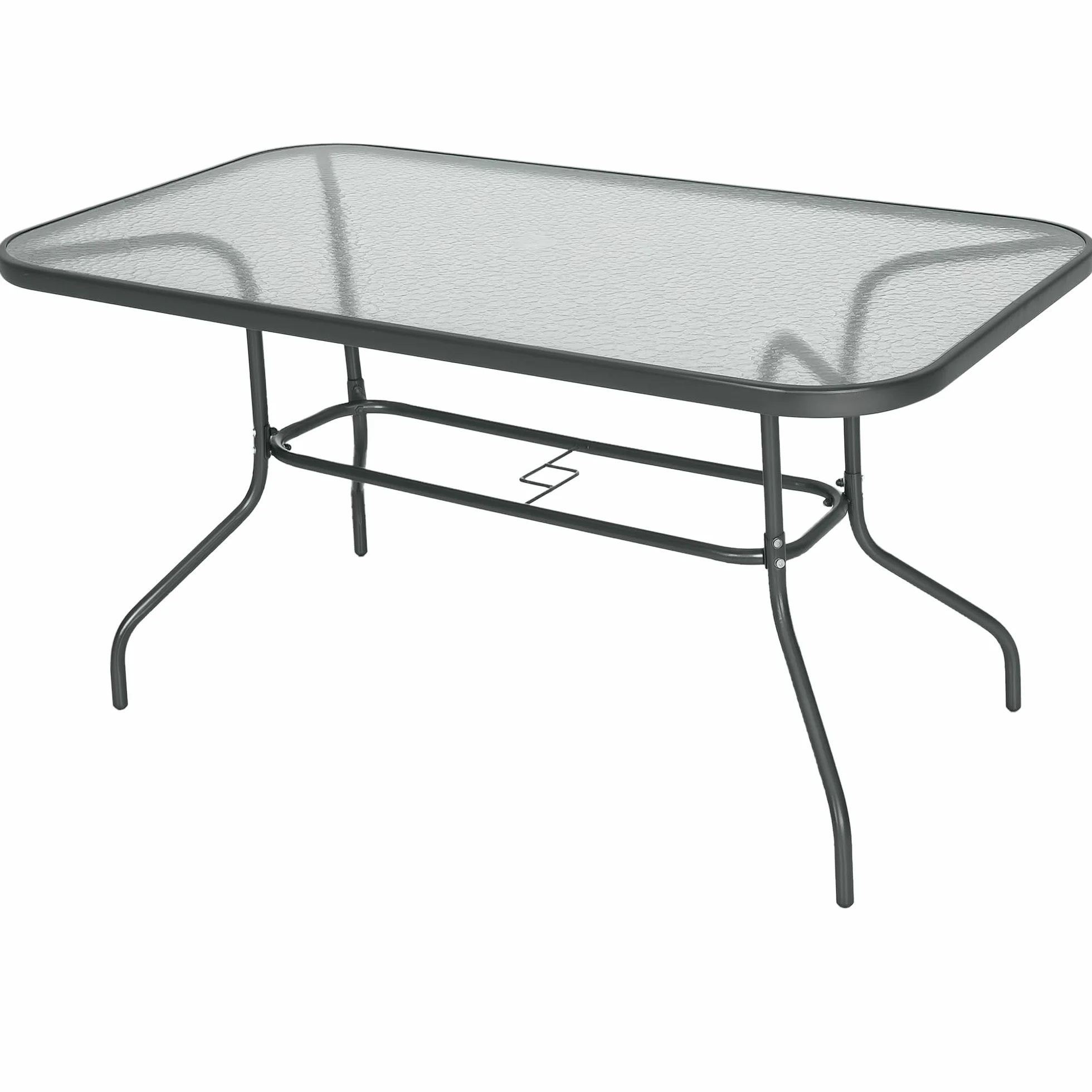 Outsunny Tavolo da Giardino con Foro per Ombrellone, Arredamento da Esterno in Metallo e Vetro 140x80x70cm Grigio