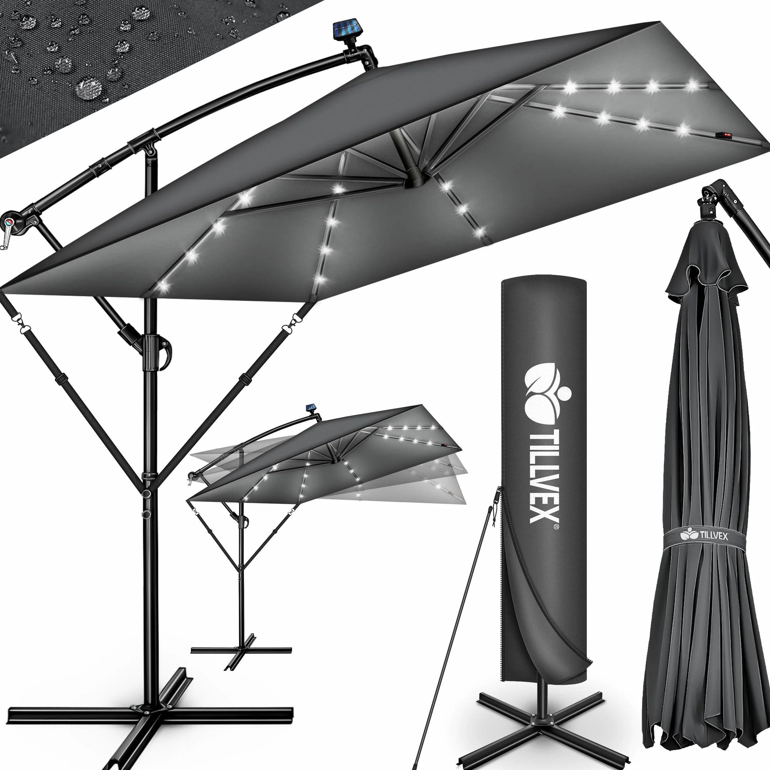 tillvex® Ombrellone da Giardino Rettangolare Ø 330 cm + Copertura con Manovella | Ombrellone Decentrato con Base & Protezione Antivento | Impermeabile & Girevole a 360°