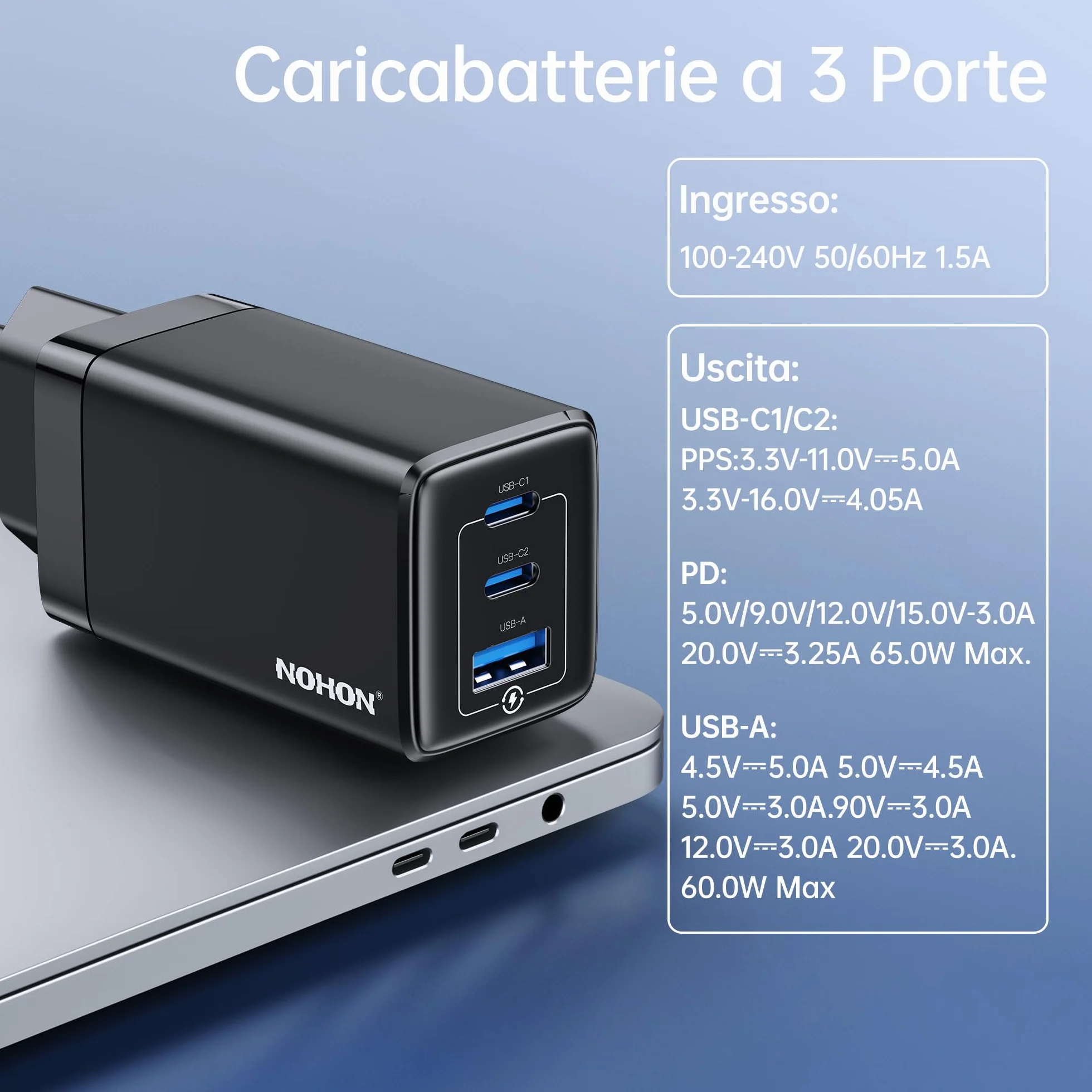NOHON Caricatore USB-C Rapido 65W GaN PD 3.0 3 Porte Compatibile iPhone 12 13 14 Macbook iPad Samsung Galaxy S