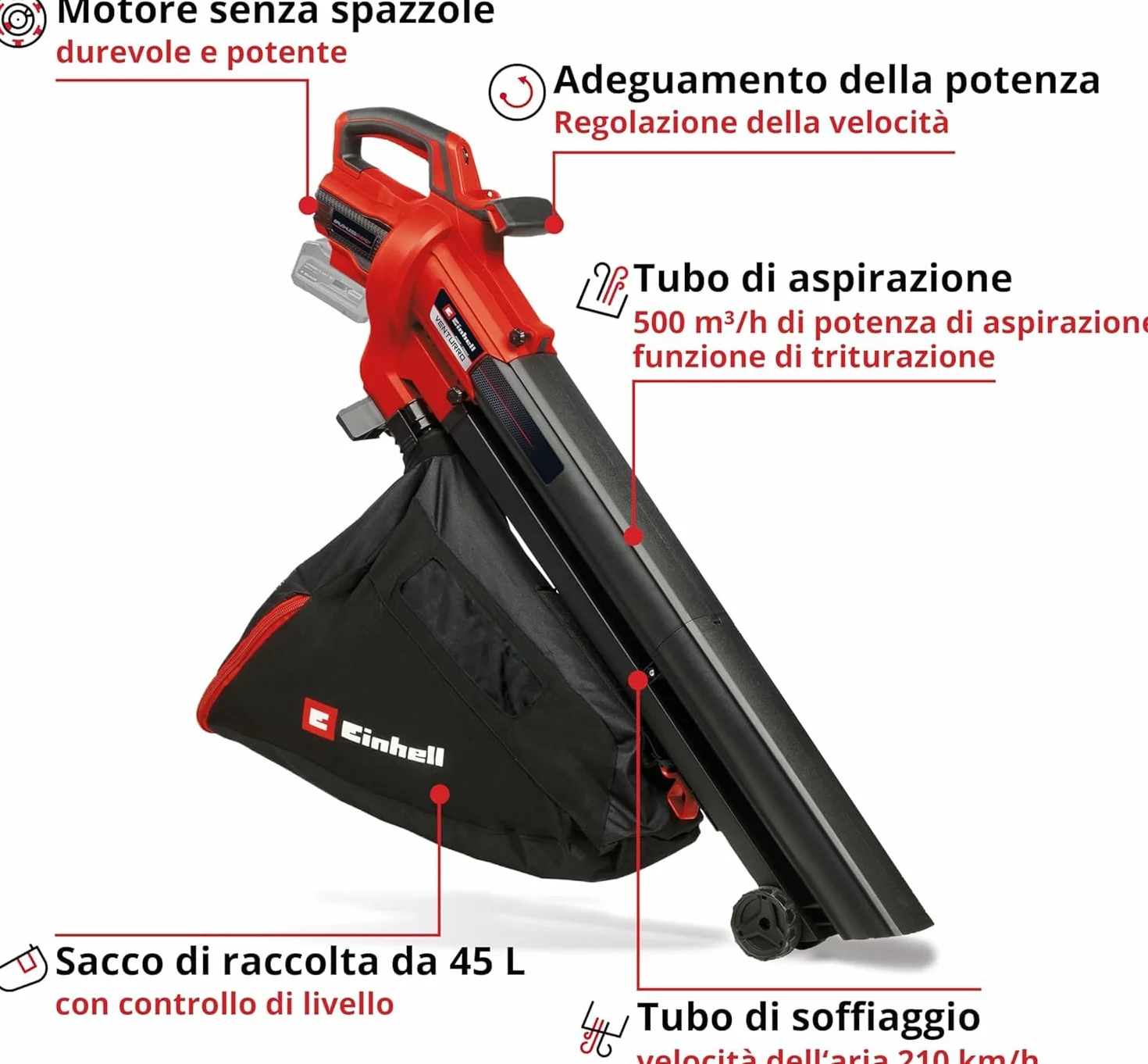 L'aspirafoglie VENTURRO 18/210 Power X-Change (ioni di litio, 18 V, portata di aspirazione di 500 m³/h, sacco di raccolta da 45 l, soffiatura fino a 210 km/ora, batteria e caricabatterie esclusi)