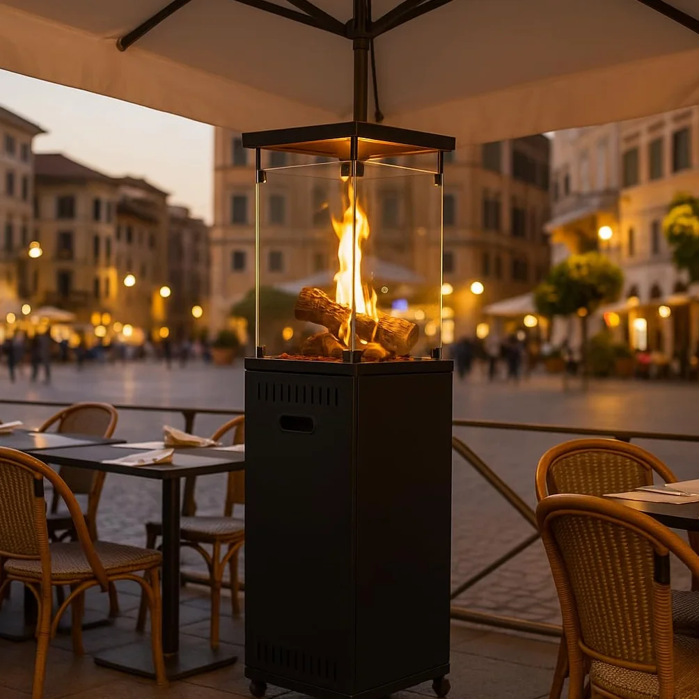 Stufa Patio a Gas GPL 11 kW con Accensione Piezoelettrica e Legnetti Decorativi 42x42xH140cm Riscaldatore da Esterno