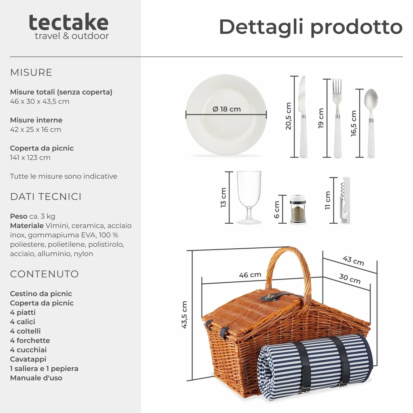 tectake®, cestino picnic 4 persone, cesto picnic vimini, coperta impermeabile, scomparto refrigerante, set picnic 23 pezzi, cestino termico picnic, camping accessori, camper, cesto picnic - Usedom