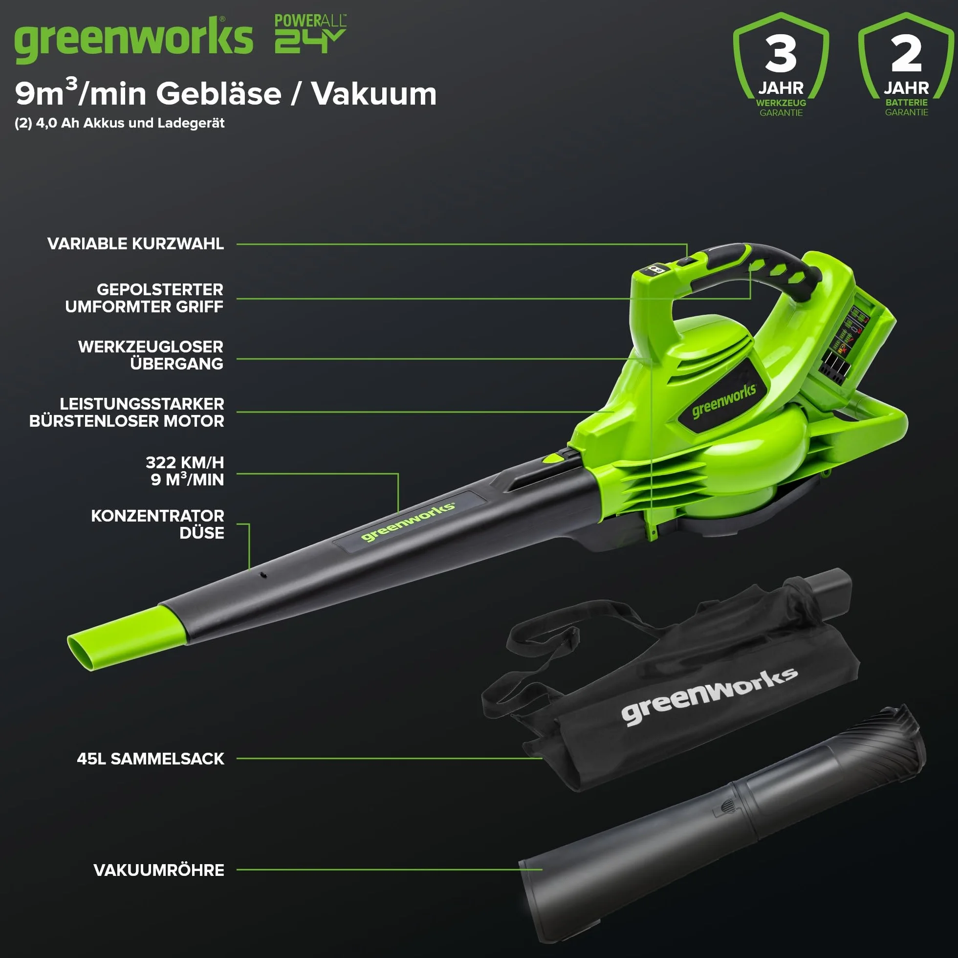 Greenworks 48V(24V x 2) Aspirafoglie Soffiatore a Batteria con Tracolla, Motore Brushless, 322km/h, 9m³/min, Sacco di Raccolta 45L, 2 4Ah Batterie, e Caricabatterie, Garanzia 3 Anni GD24X2BVK4X