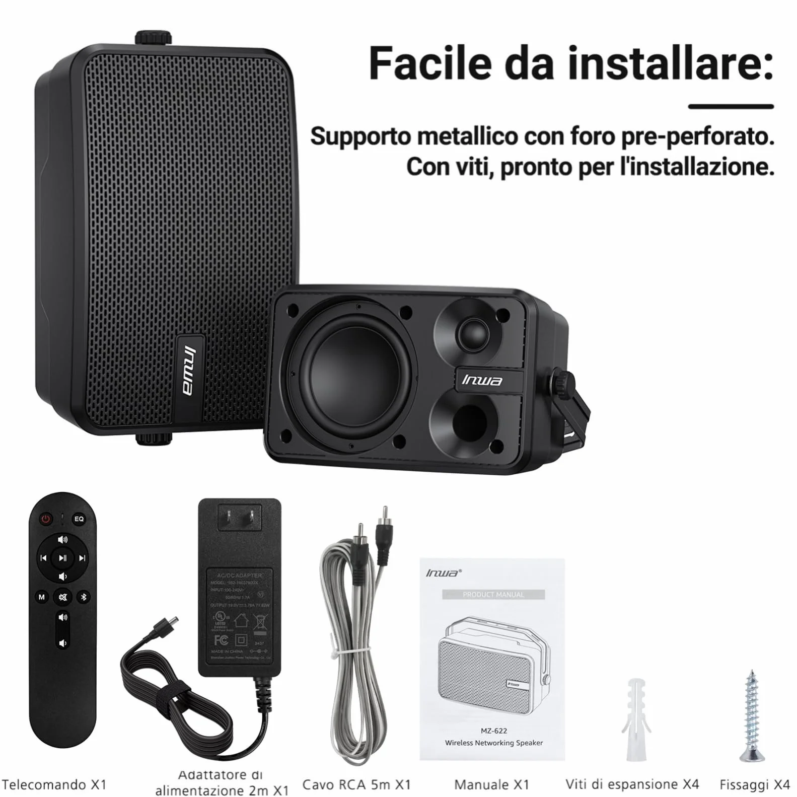 Inwa Cassa Bluetooth Esterno 400W Speaker Parete Attivo-Passivo Sistema Audio Stereo Wireless Impermeabile 2 Pezzi MZ622