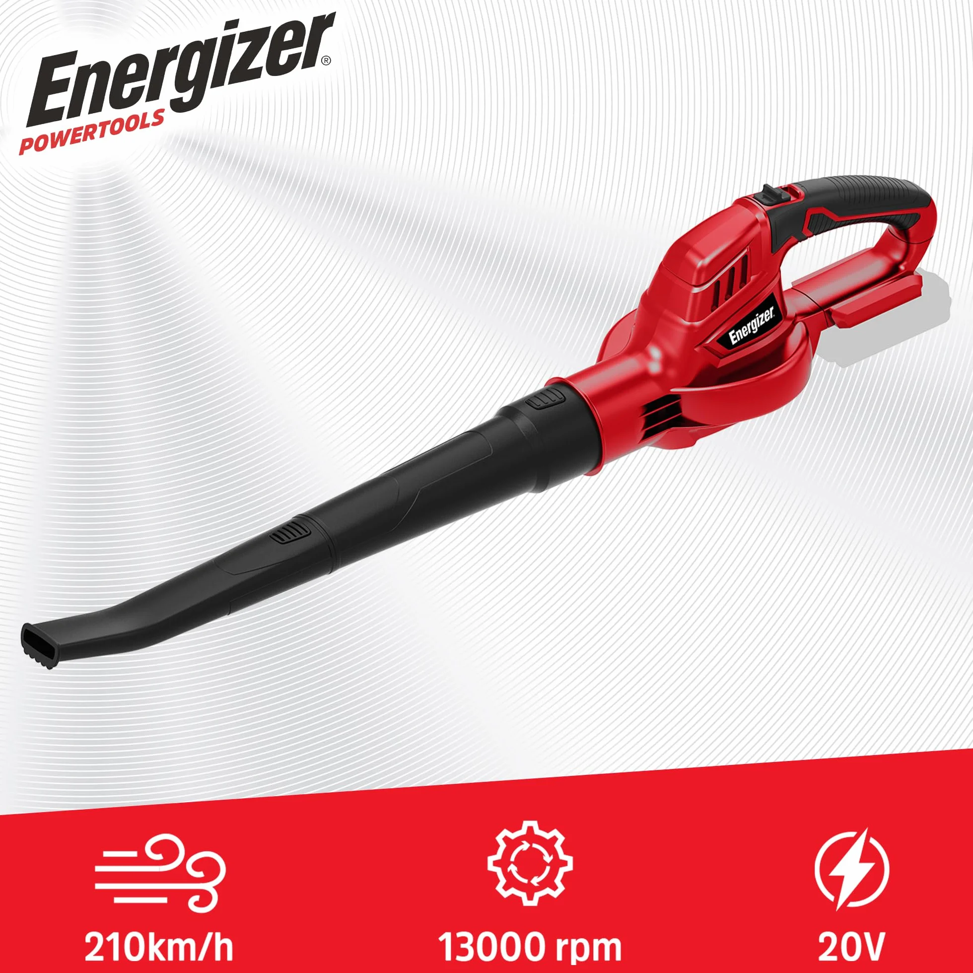 Energizer Soffiatore di foglie senza fili 20 V, velocità aria 210 km/h, portata 5000 l/min, motore 13000 RPM, leggero 1,2 kg, batteria 20 V e caricabatterie inclusi