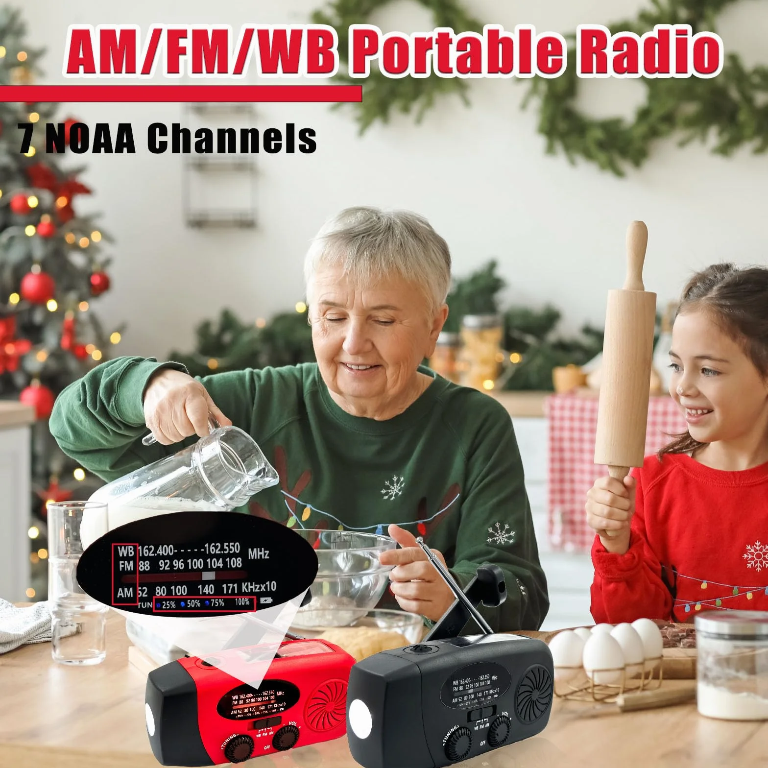Radio di Emergenza Portatile 2000 mAh con Pannello Solare SOS, AM/FM/NOAA WB, Torcia a Manovella