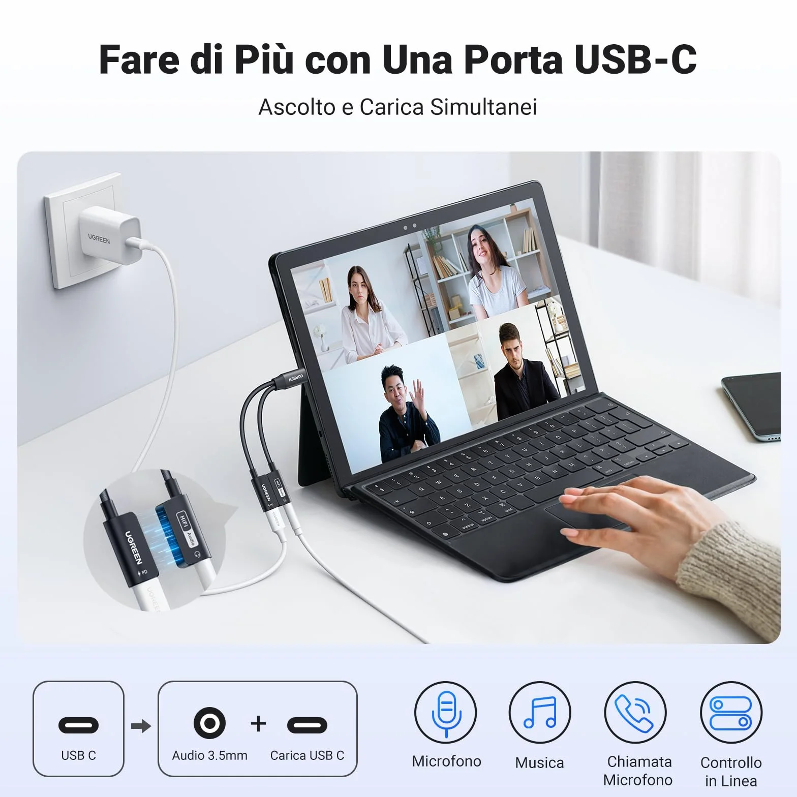 UGREEN Adattatore per Cuffie USB C a Jack 3.5mm PD 60W Magnetico 2 in 1 Hi-Res 32 Bit/384 KHz