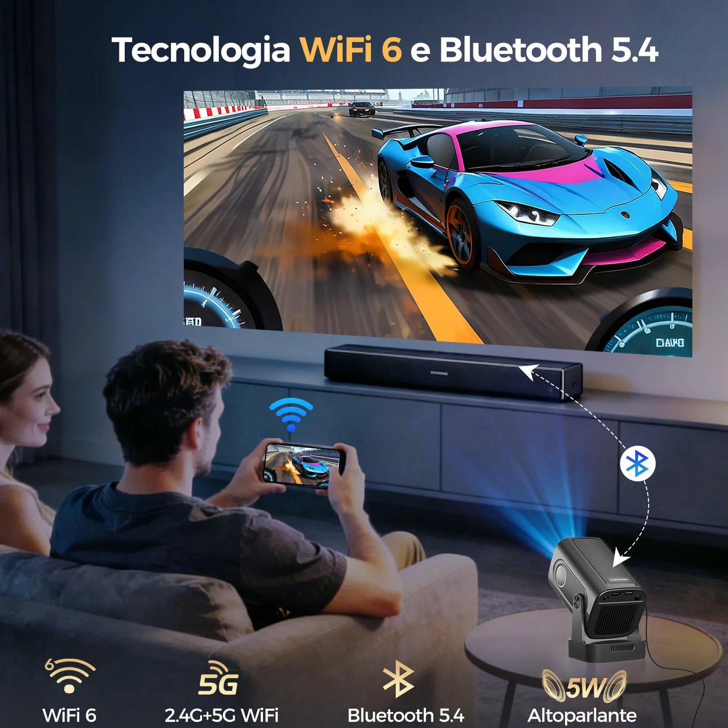 Alwtniet Proiettore 4K 1080P Portatile Android WiFi 6 BT 5.4 260ANSI HY310 Mini Projector HDMI USB