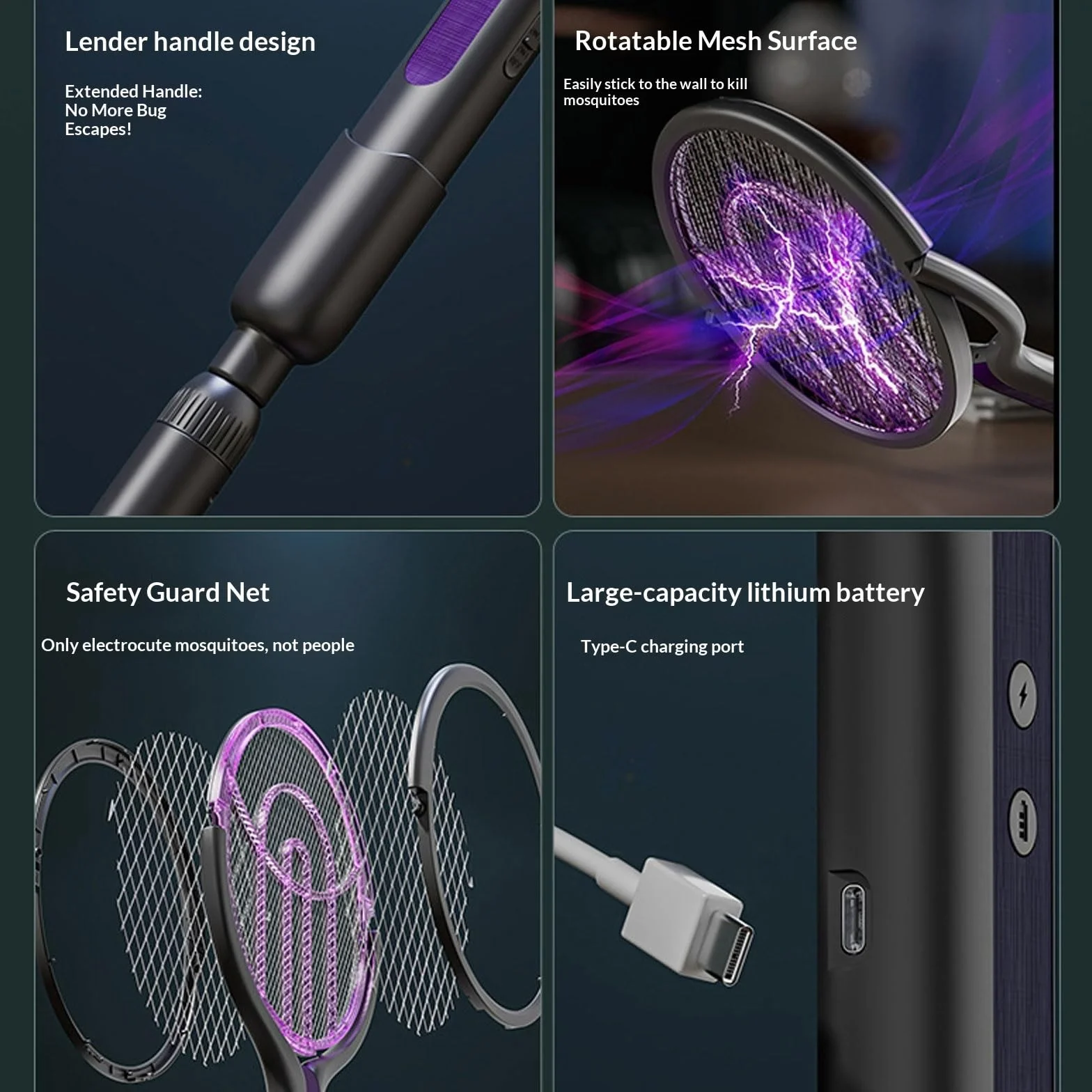Racchetta antizanzare elettrica, Uccidi zanzare ricaricabile 2-in-1 con manico estensibile 106cm, Zappatore rotante 180°, design aderente alle pareti, alimentato USB(Purple With extended rod)