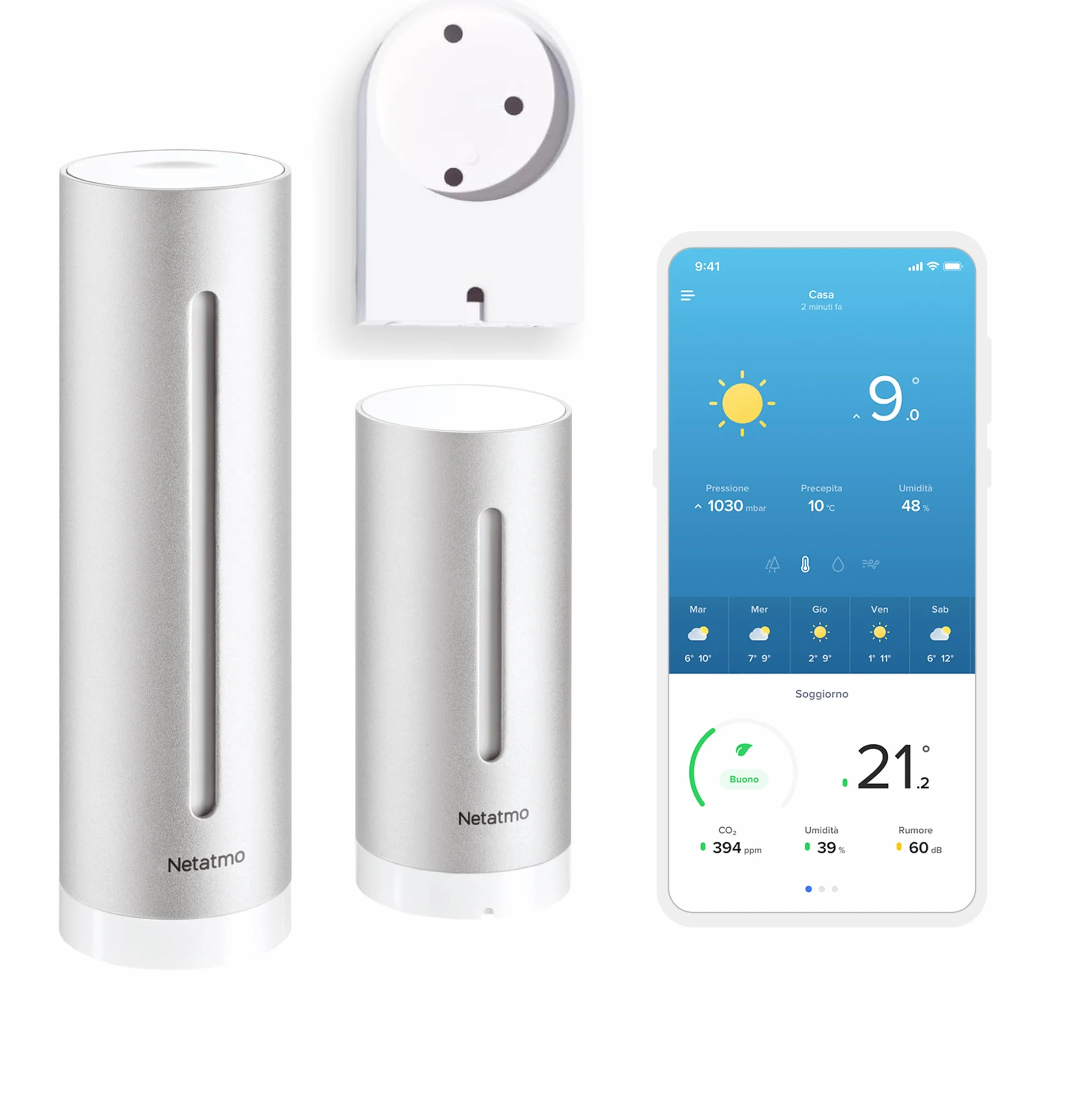 Netatmo Stazione Meteo con Sensore Esterno Wireless con supporto a parete, Termometro, Igrometro, Barometro, Sonometro, Qualità dell'aria, Compatibile con Amazon Alexa, Apple e Google, NWS-AMZ