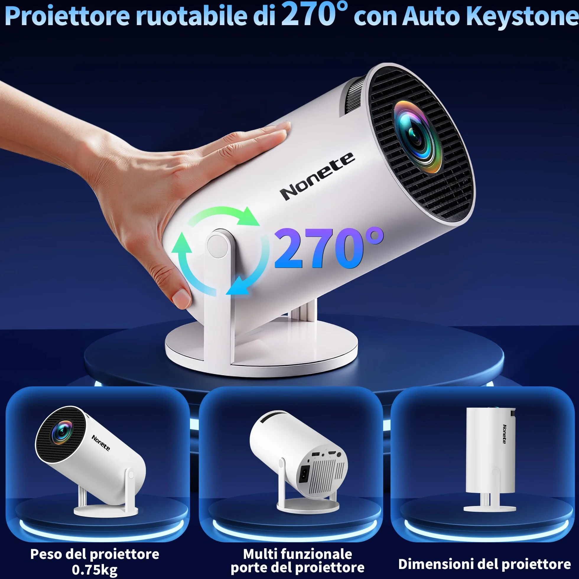 Proiettore 1080P FHD WiFi 6 BT 5.2 Portatile 4K Auto Keystone 270° Rotativo Bianco