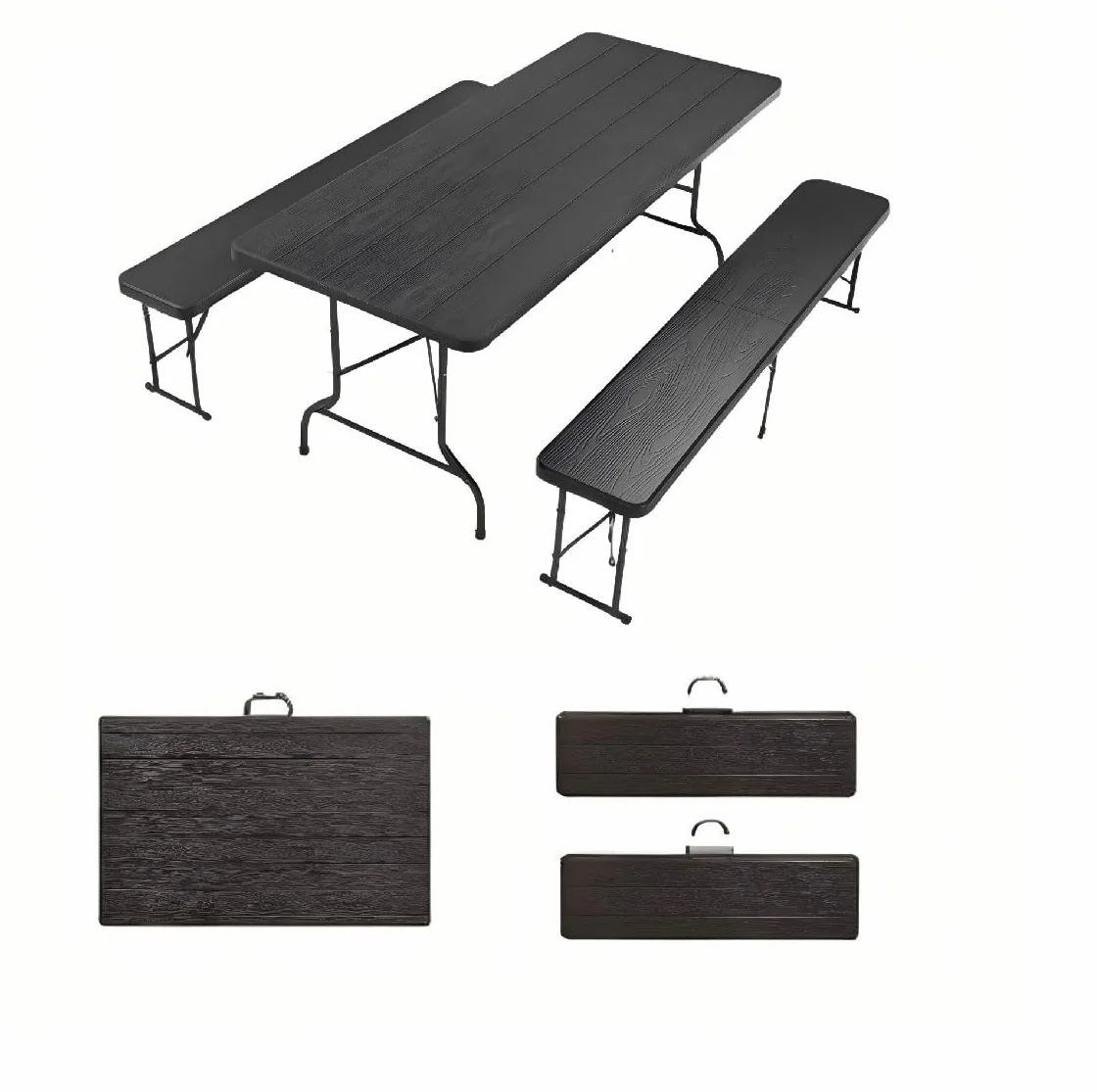 Set Tavolo pieghevole esterno e 2 panche pieghevoli, robusto, stabile, impermeabile, nero