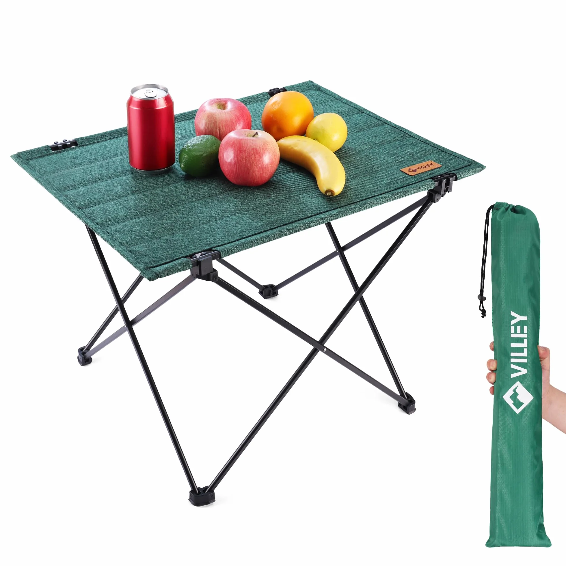 VILLEY Tavolo Pieghevole da Campeggio in Alluminio e Tessuto Oxford, Leggero, con Borsa, Portata 25 Kg, Facile da Montare, Ideale per Esterni, Cucina e Pesca, Colore Verde