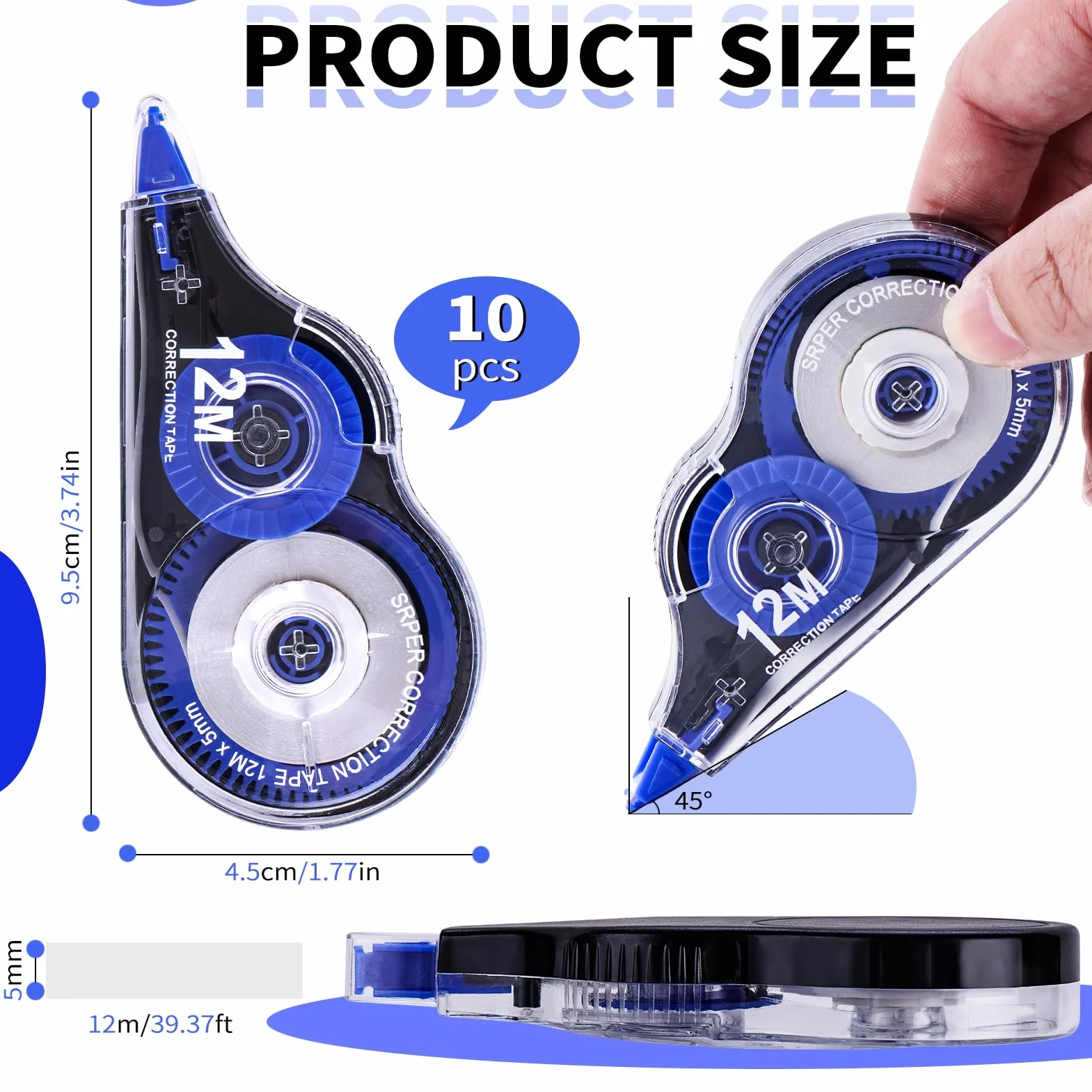 Jewan Bianchetto a Nastro 10 Pezzi 12m x 5 mm Correttore a Nastro per Ufficio Scuola
