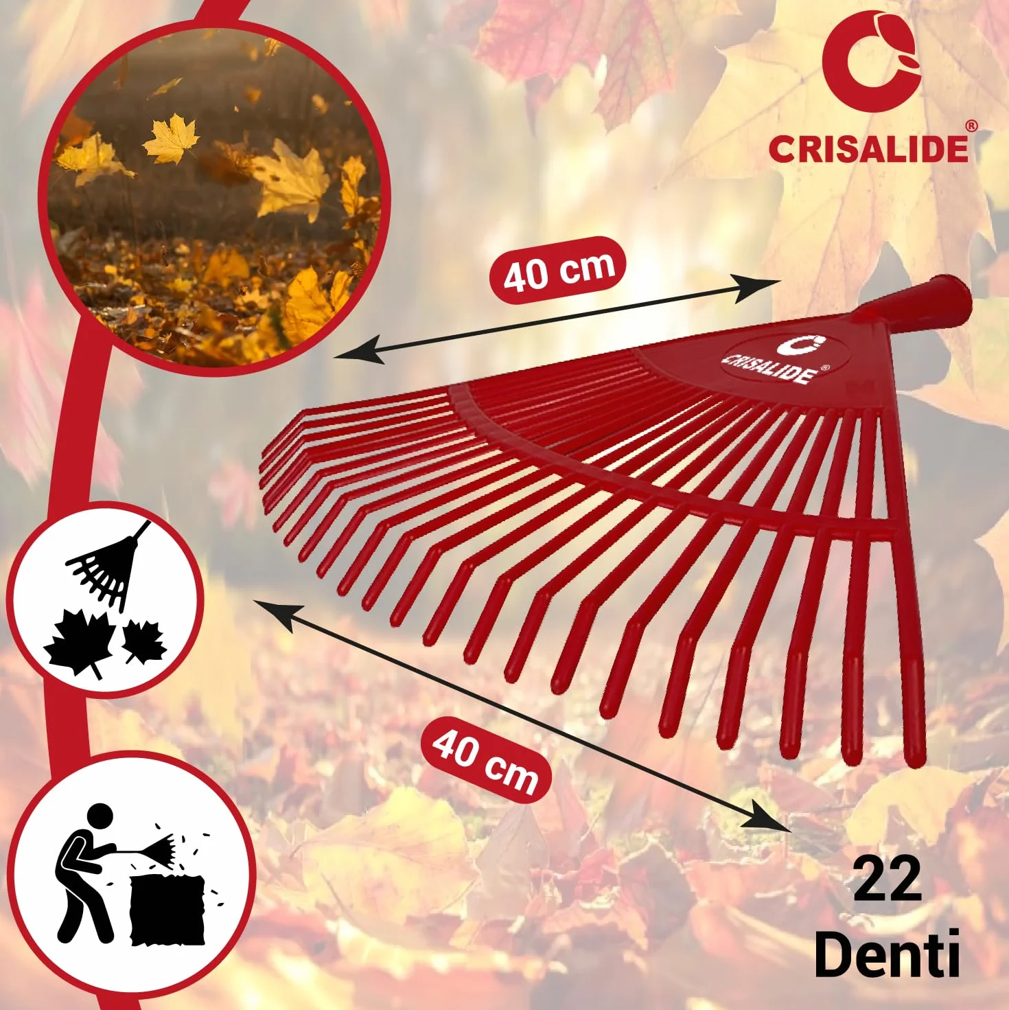 Crisalide®- Rastrello In PVC 22 Denti 40x40CM Con Barra Di Rinforzo, Completo Di Manico In Faggio 150CM, Ideale Per Foglie E Piccoli Detriti