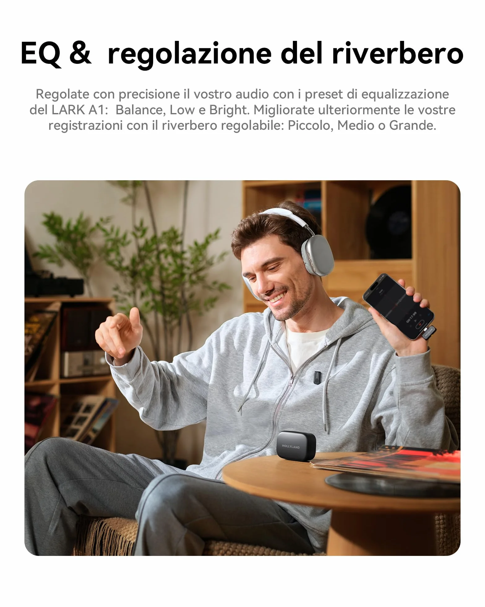 Hollyland LARK A1 Duo Mini microfono wireless per iPhone 15/16 Android 2 TX RX USB-C custodia di ricarica Nero