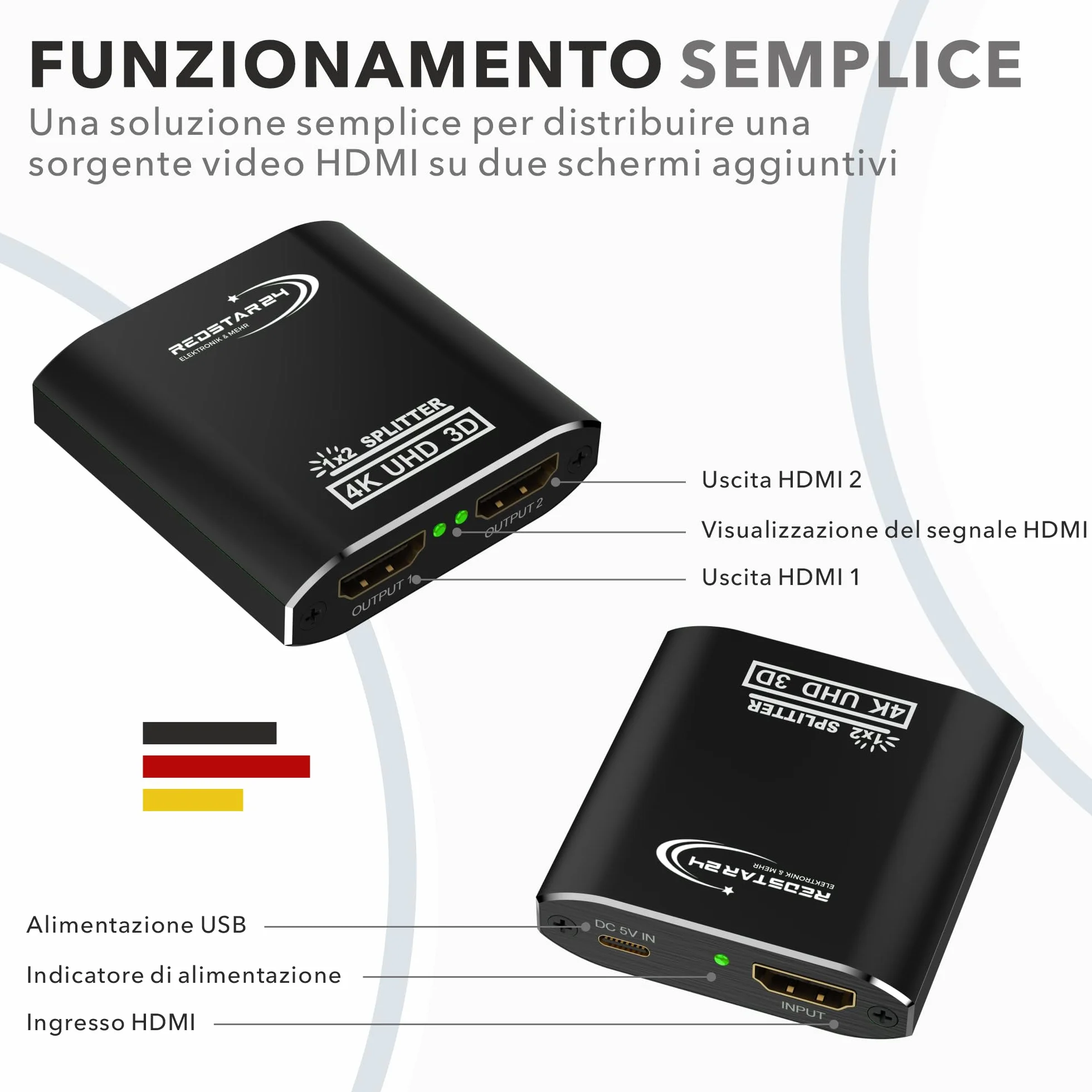 RedStar24 HDMI Splitter 1 In 2 Out 4K@60Hz, Ripartitore HDMI Supporta HDCP 4K 3D UHD 1080P
