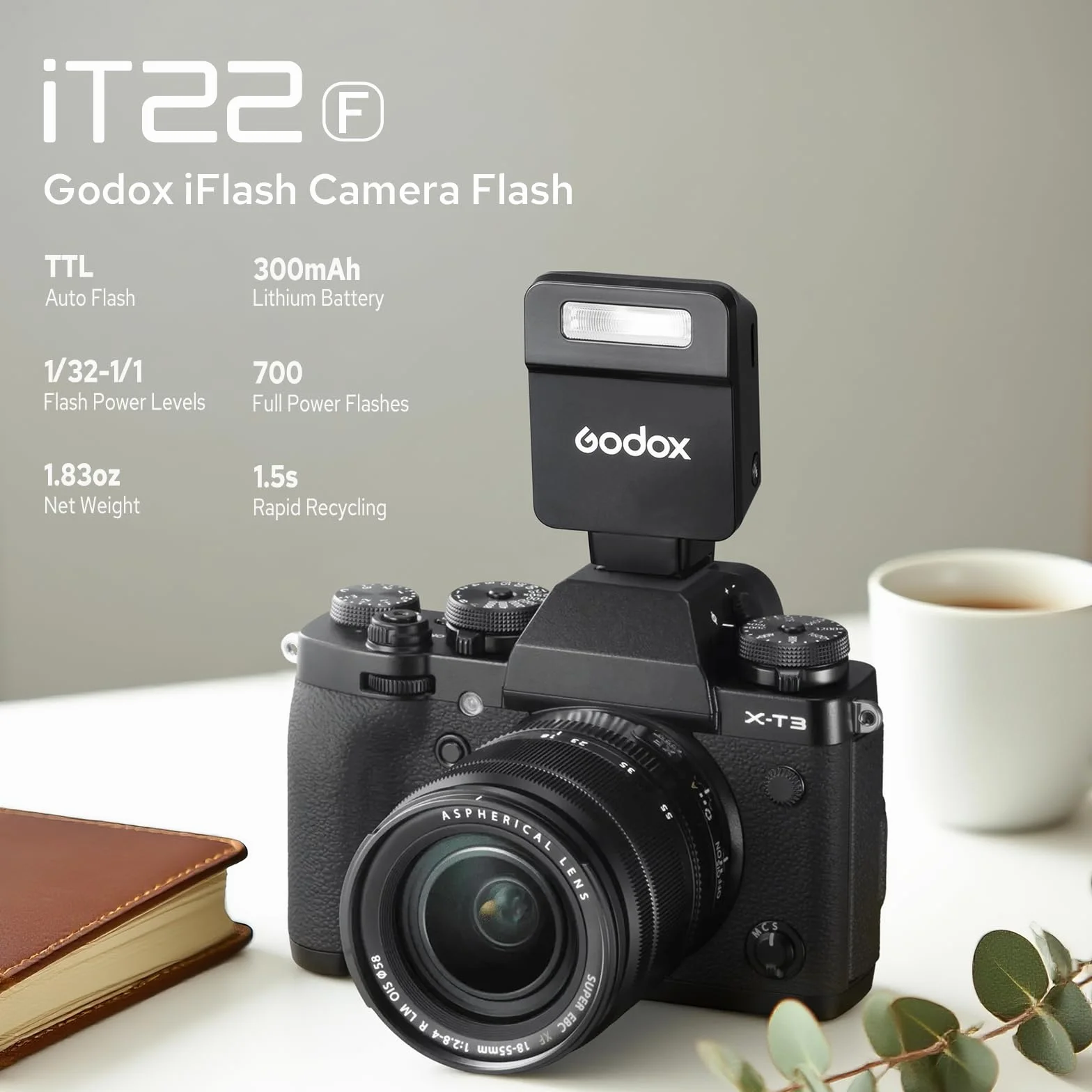 Godox iT22-F Mini TTL Camera Flash for Fujifilm, USB-C Rechargeable Portable Flash with 1.5s Recycling, 700 Full-Power Flashes, Black