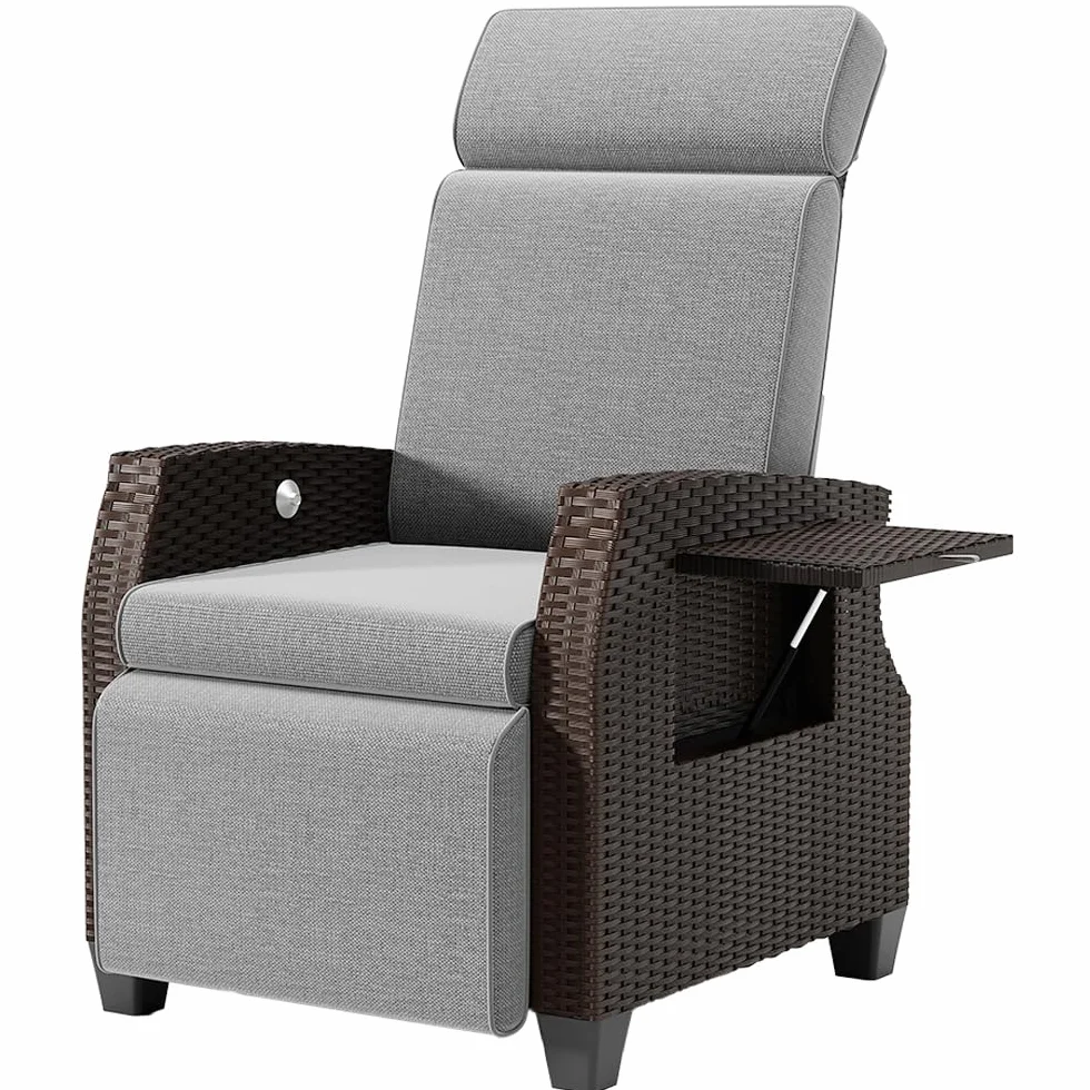 Poltrona Relax, Sdraio Ergonomico in Rattan, Schienale Bloccabile in Qualsiasi Angolazione, con Copertura Antipolvere, Adatto per Interni, Balconi, Giardini, Cortili (Nero brunastro + Grigio)