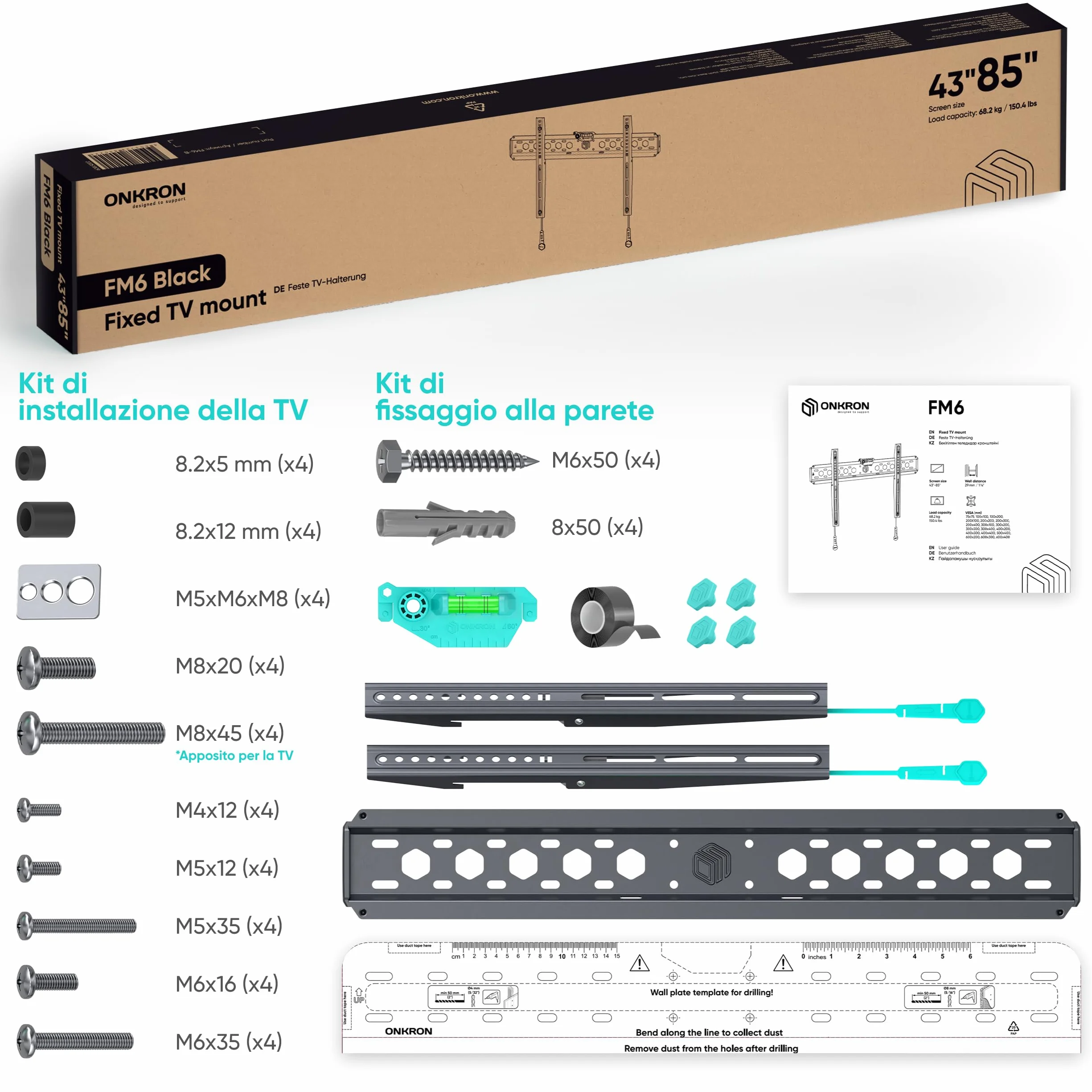 ONKRON Supporto TV Parete Fisso 43-85 pollici VESA 75x75-600x400 mm Carico 68,2 kg Nero