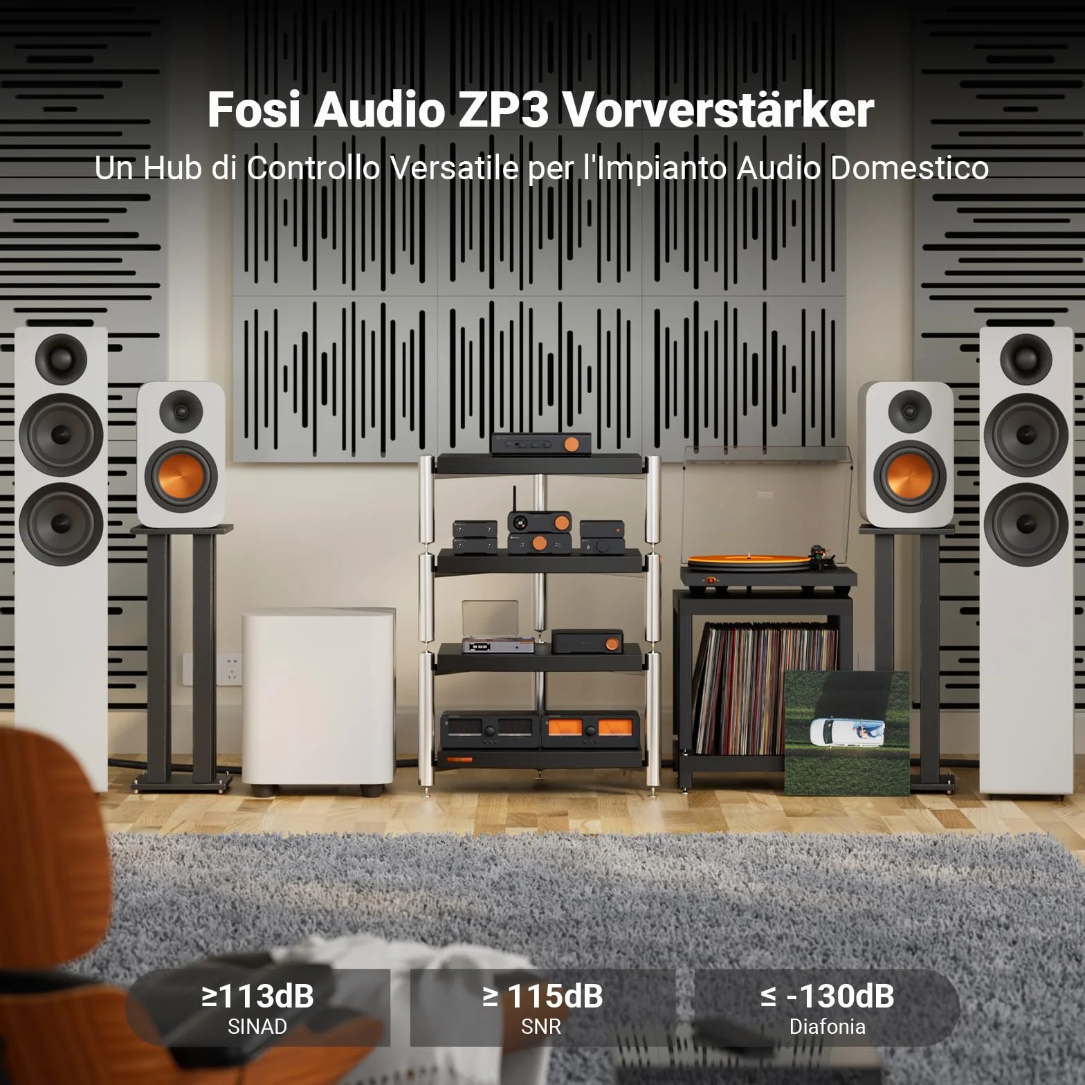 Fosi Audio ZP3 Preamplificatore Bilanciato, 2 Ingressi RCA e XLR, Uscite RCA/XLR e SUB, Preamp Stereo 2.0/2.1 con HPF e Controllo di Tono
