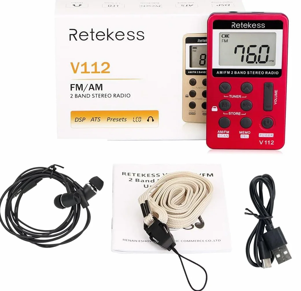 Retekess V112 Mini Radio Portatile AM FM Ricaricabile con Cuffie a Batteria Rosso