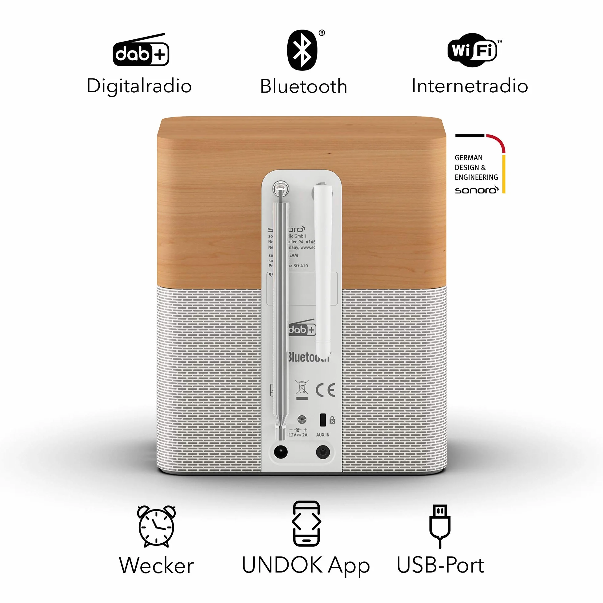 Sonoro Radio Internet Bluetooth DAB+ FM WLAN MP3 Spotify Amazon Deezer resistente agli schizzi acero bianco