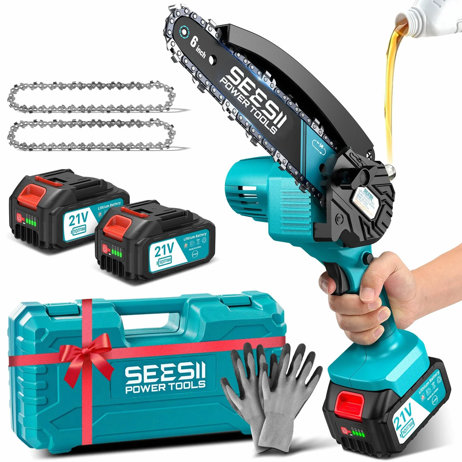 SEESII Mini Motosega a Batteria 8000mAh, 900W 6 Pollici Sega Elettrica per Potatura con Pompetta Olio e Catena di Ricambio, Motosega da Potatura per il Taglio del Legno Giardini, M6 Pro