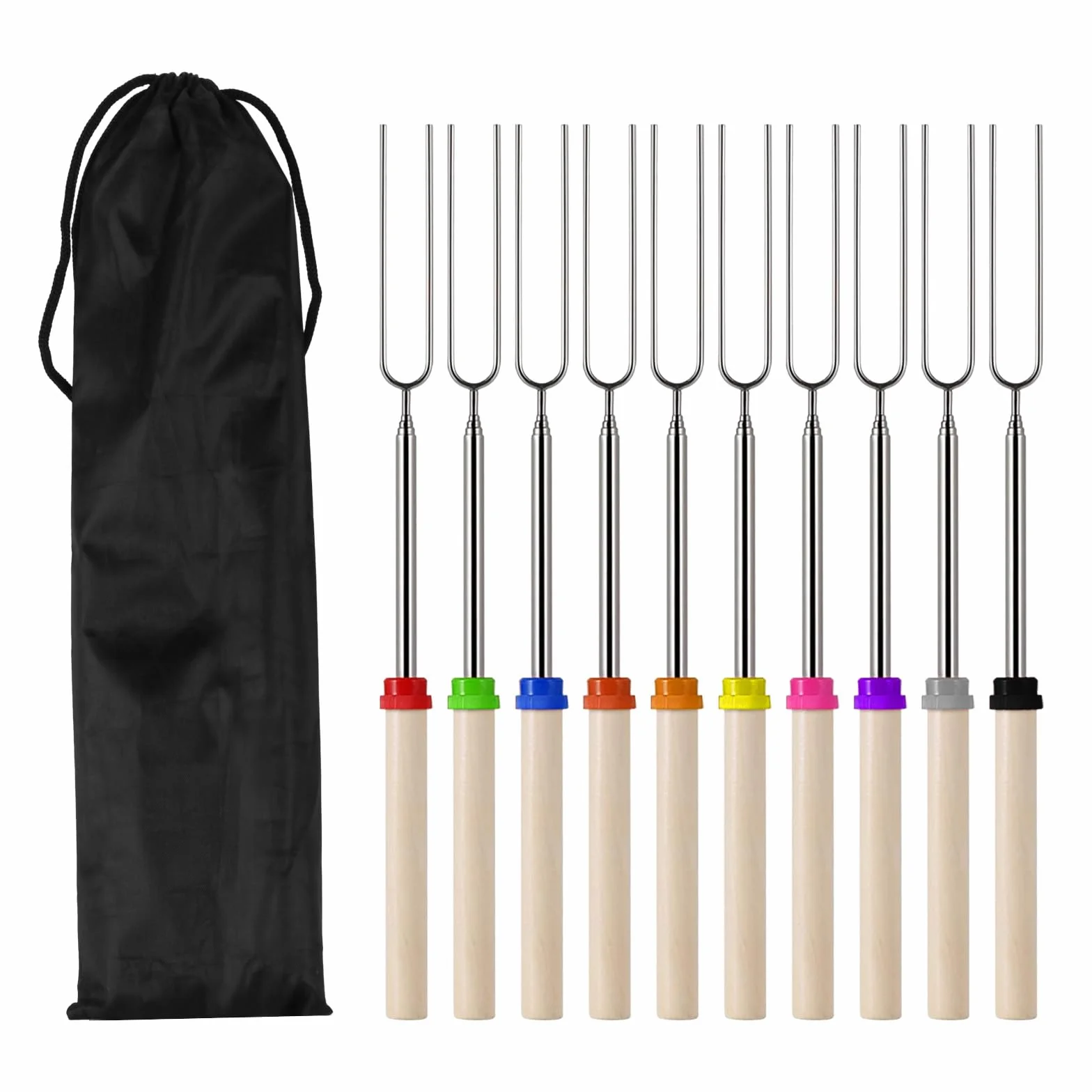 Kit di 10 forchette da tostatura estensibili per marshmallow, bastoncini telescopici da 30 a 80 cm, in acciaio inox, accessori per barbecue e falò, accessori per braciere, barbecue e campeggio